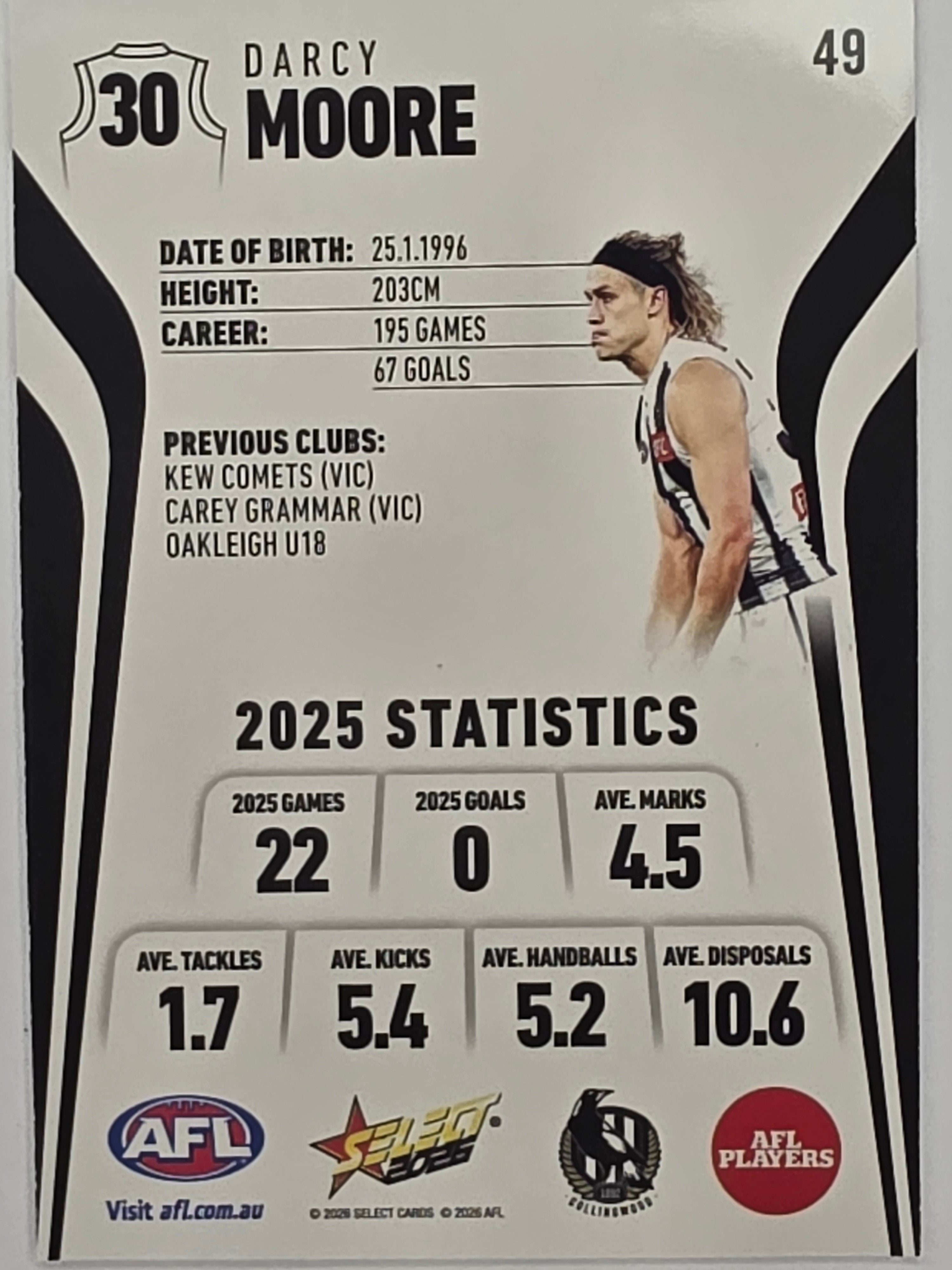 2026 AFL Footy Stars Base Card #049 Darcy Moore - Collingwood Magpies