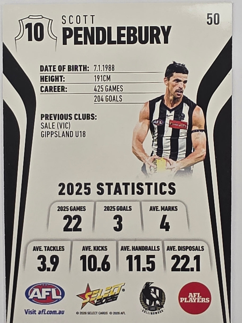 2026 AFL Footy Stars Base Card #050 Scott Pendlebury - Collingwood Magpies