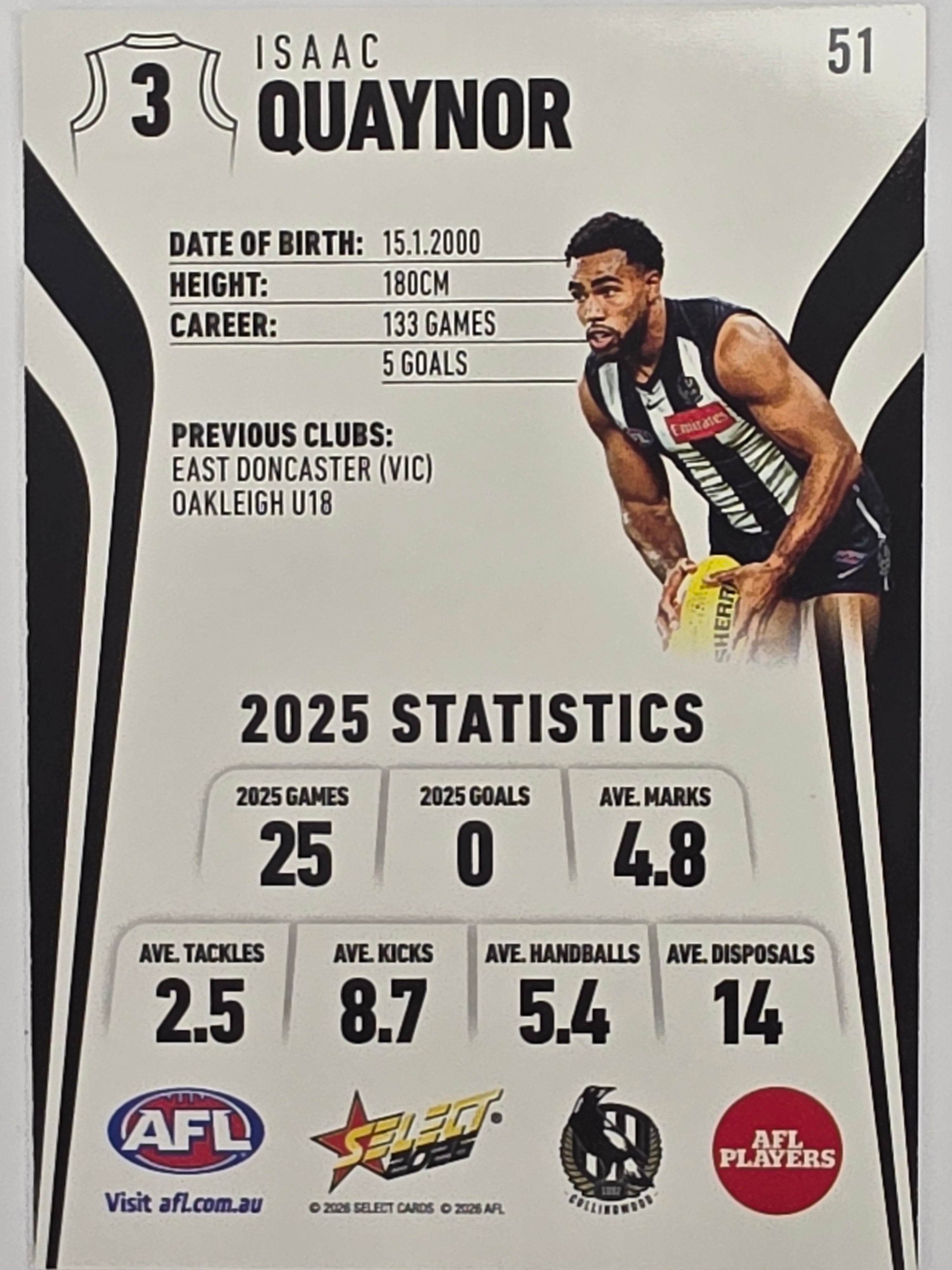 2026 AFL Footy Stars Base Card #051 Isaac Quaynor - Collingwood Magpies
