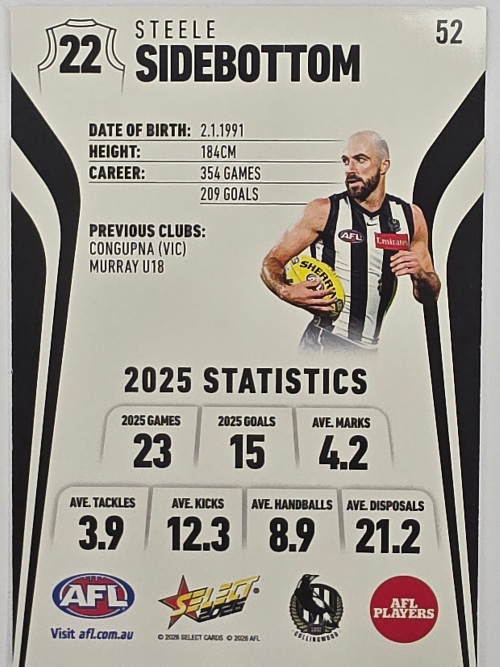 2026 AFL Footy Stars Base Card #052 Steele Sidebottom - Collingwood Magpies