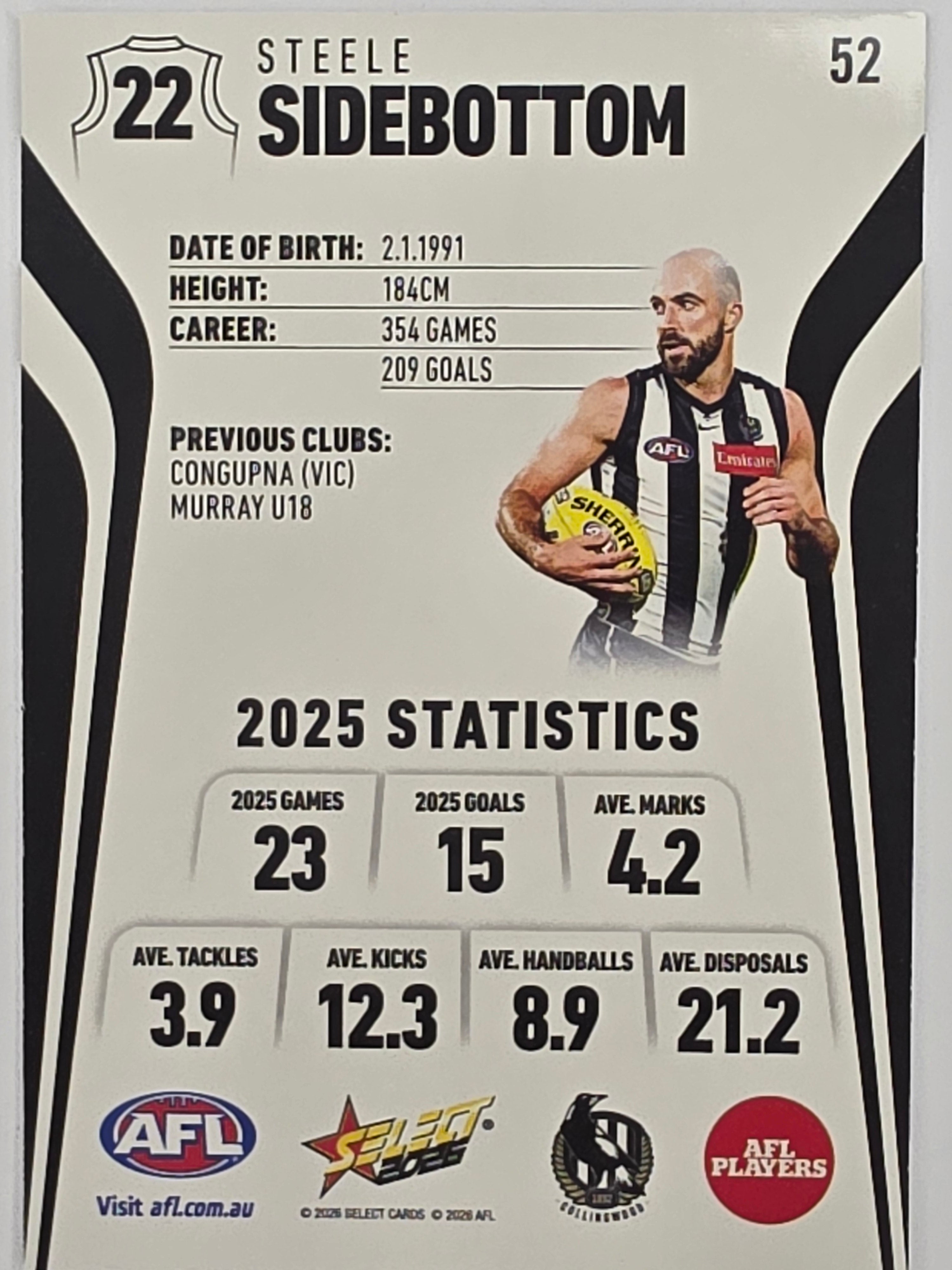2026 AFL Footy Stars Base Card #052 Steele Sidebottom - Collingwood Magpies