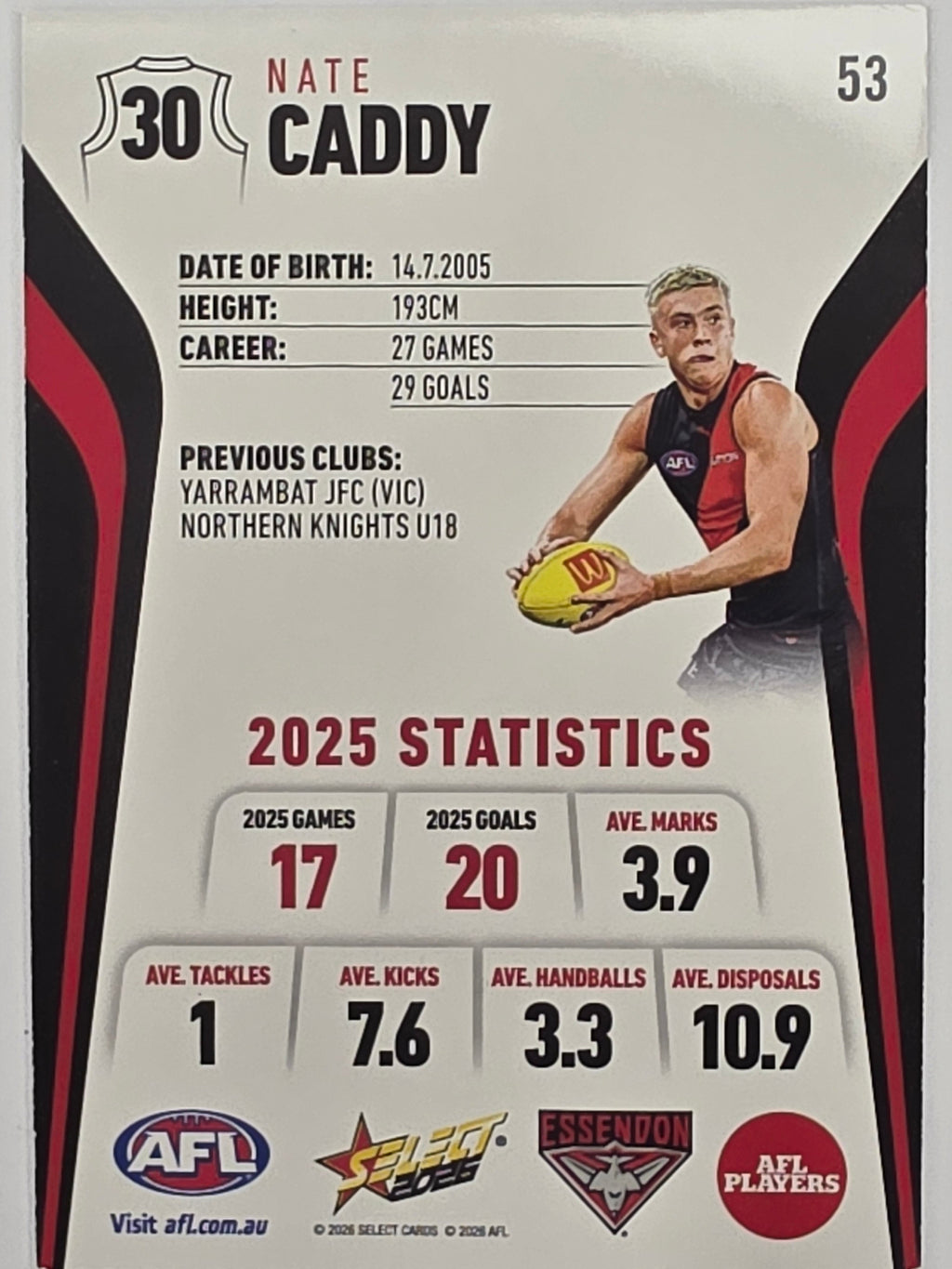 2026 AFL Footy Stars Base Card #053 Nate Caddy - Essendon Bombers