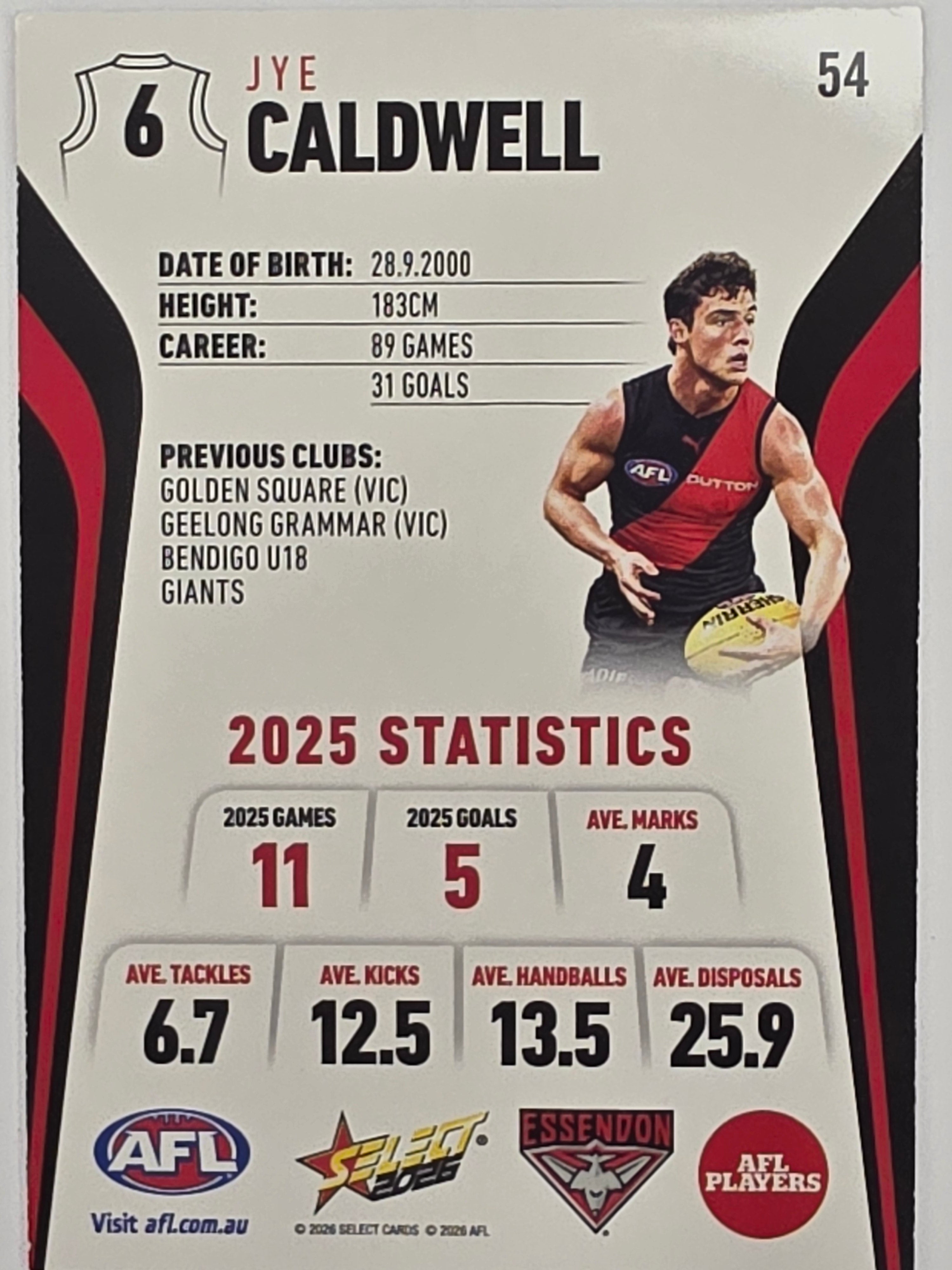 2026 AFL Footy Stars Base Card #054 Jye Caldwell - Essendon Bombers