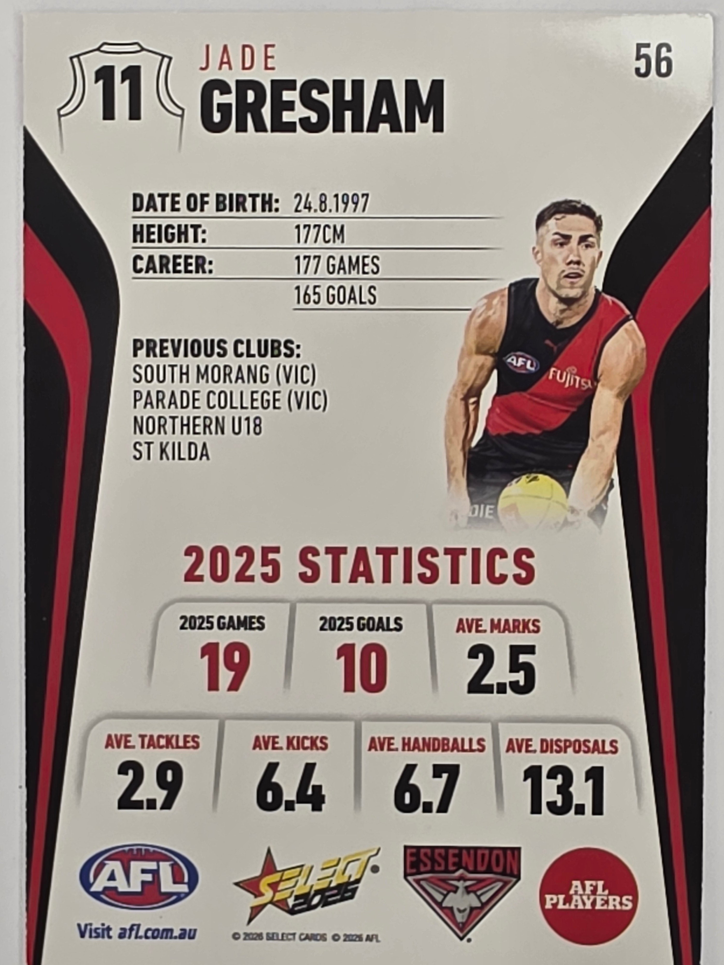 2026 AFL Footy Stars Base Card #056 Jade Gresham - Essendon Bombers