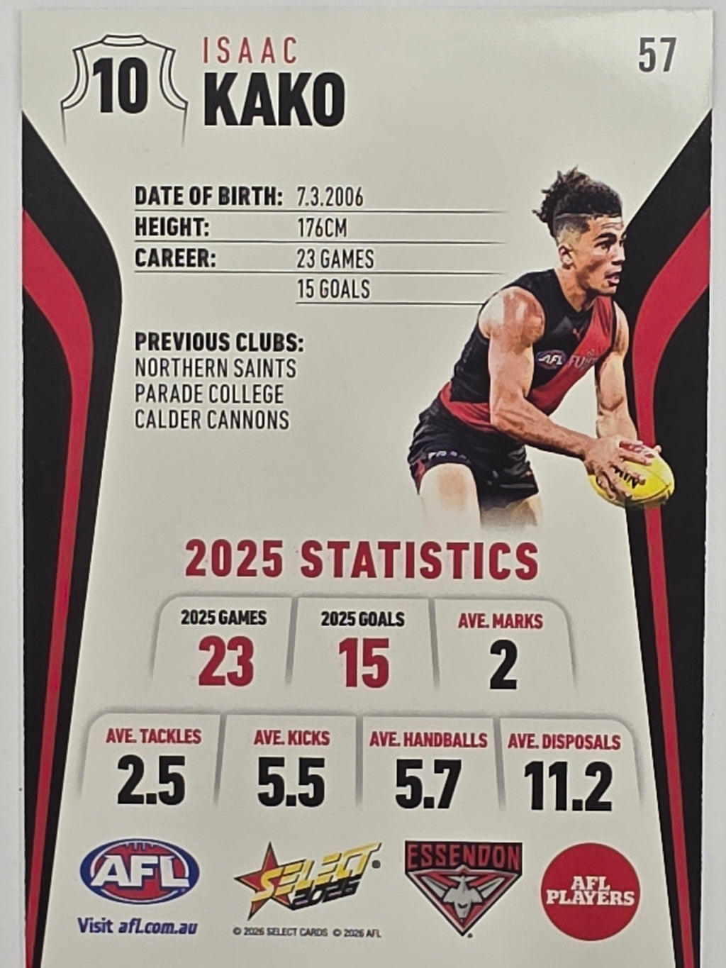 2026 AFL Footy Stars Base Card #057 Isaac Kako - Essendon Bombers