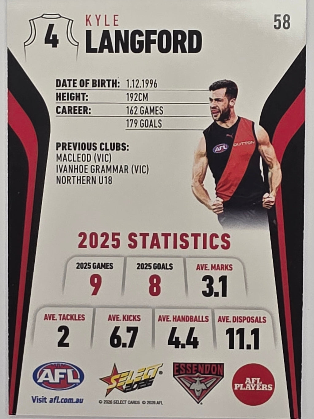 2026 AFL Footy Stars Base Card #058 Kyle Langford - Essendon Bombers