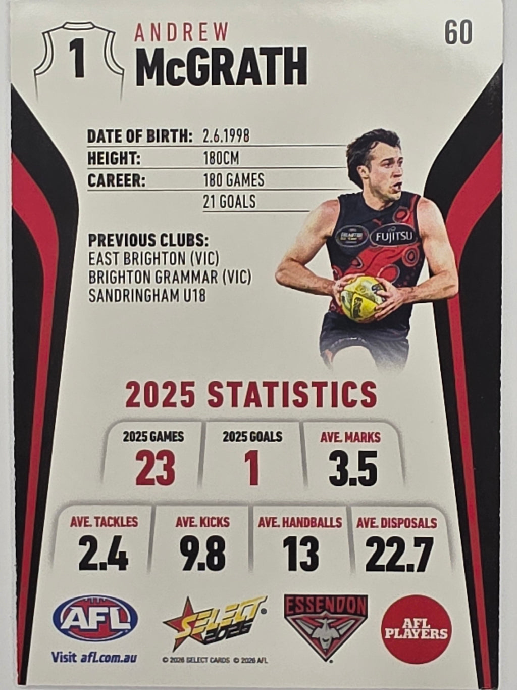2026 AFL Footy Stars Base Card #060 Andrew McGrath - Essendon Bombers