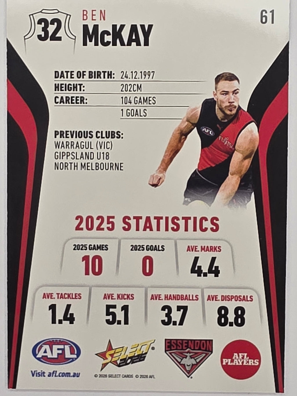 2026 AFL Footy Stars Base Card #061 Ben McKay - Essendon Bombers