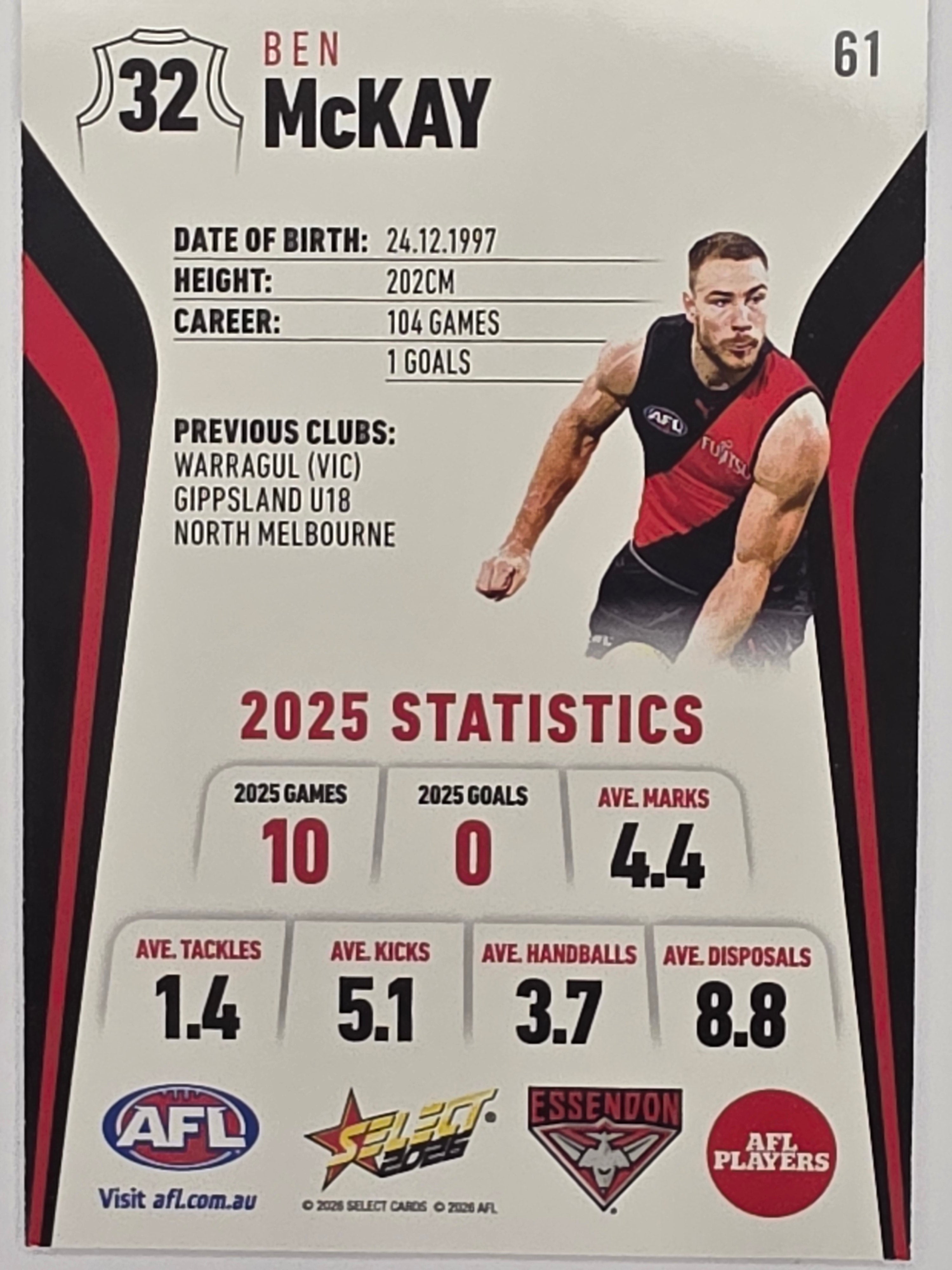 2026 AFL Footy Stars Base Card #061 Ben McKay - Essendon Bombers