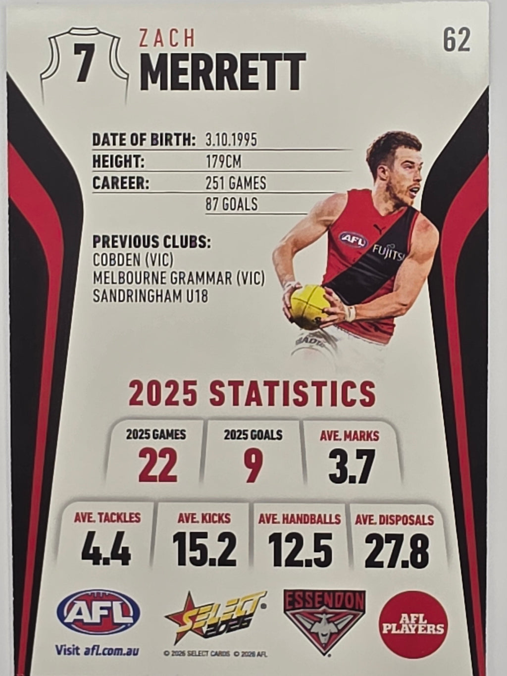 2026 AFL Footy Stars Base Card #062 Zach Merrett - Essendon Bombers