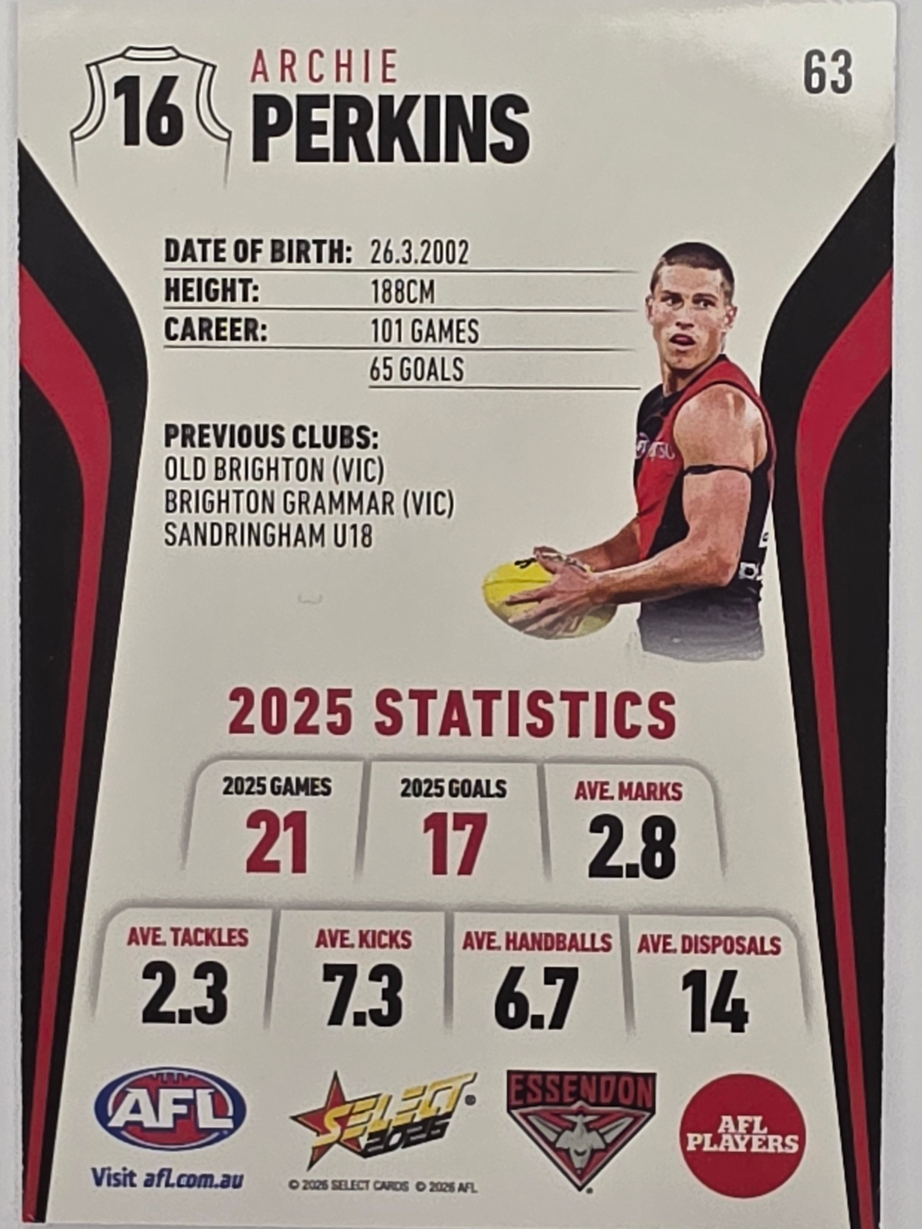 2026 AFL Footy Stars Base Card #063 Archie Perkins - Essendon Bombers
