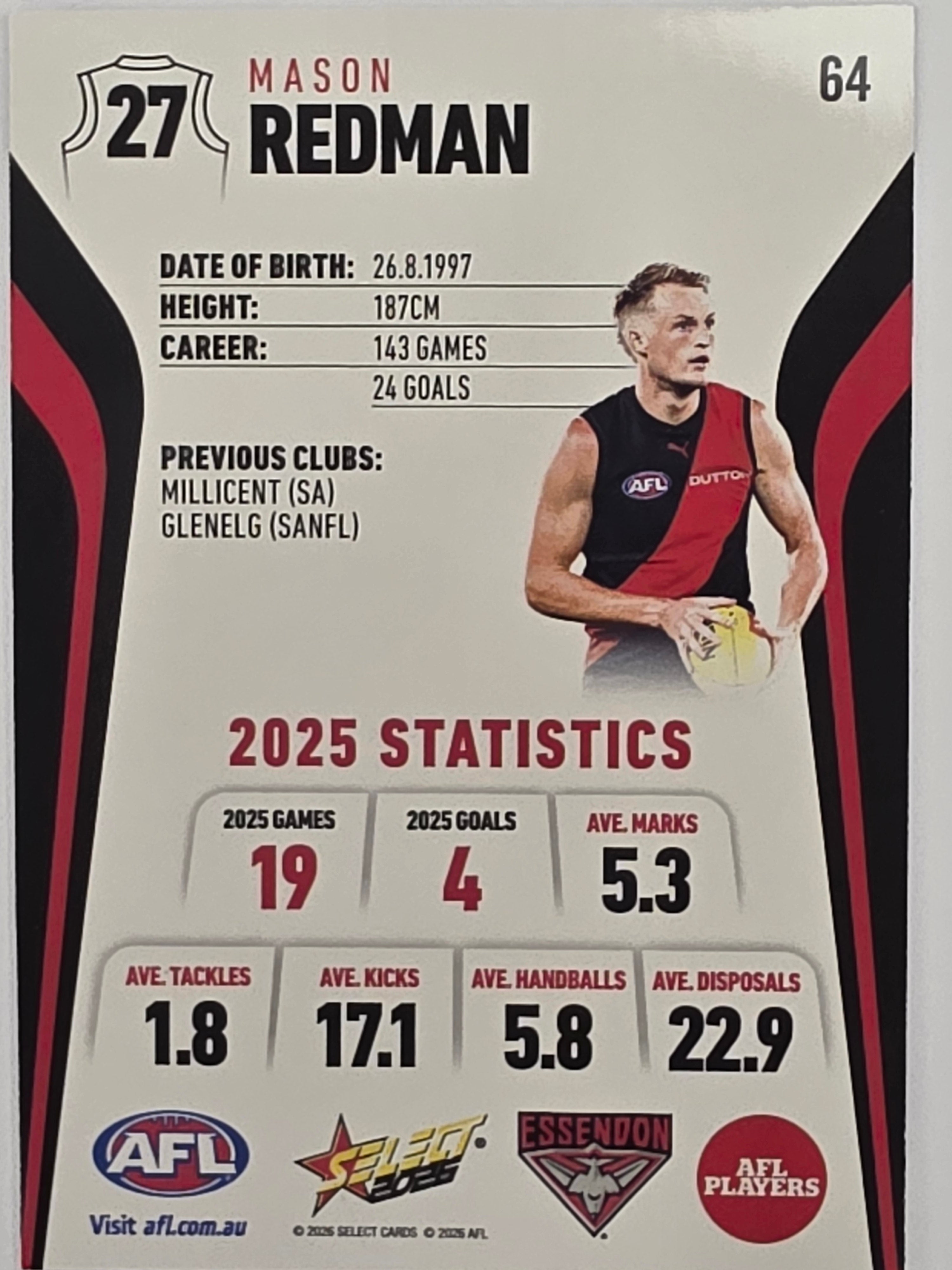 2026 AFL Footy Stars Base Card #064 Mason Redman - Essendon Bombers