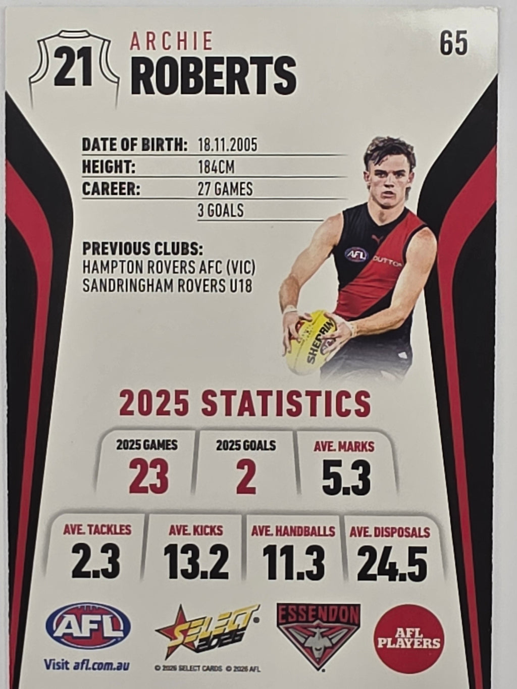 2026 AFL Footy Stars Base Card #065 Archie Roberts - Essendon Bombers
