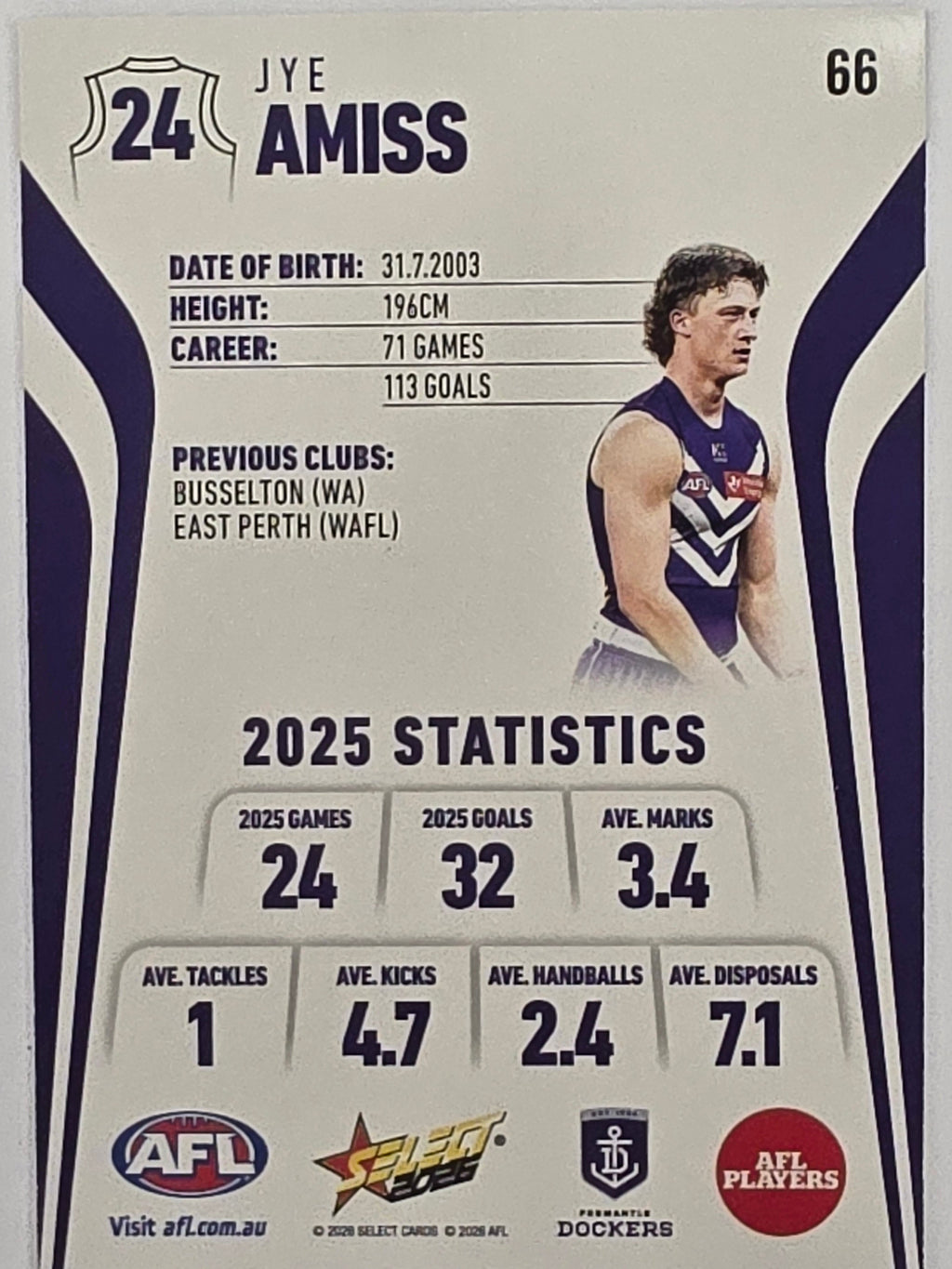 2026 AFL Footy Stars Base Card #066 Jye Amiss - Fremantle Dockers