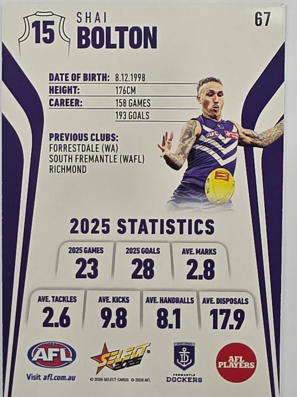 2026 AFL Footy Stars Base Card #067 Shai Bolton - Fremantle Dockers