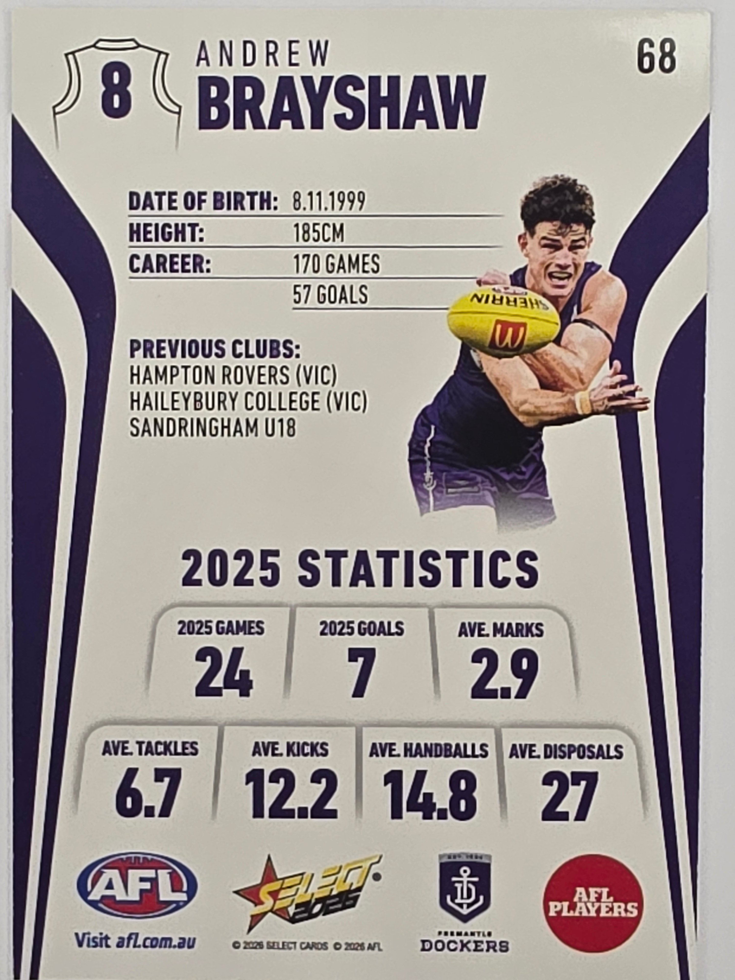 2026 AFL Footy Stars Base Card #068 Andrew Brayshaw - Fremantle Dockers
