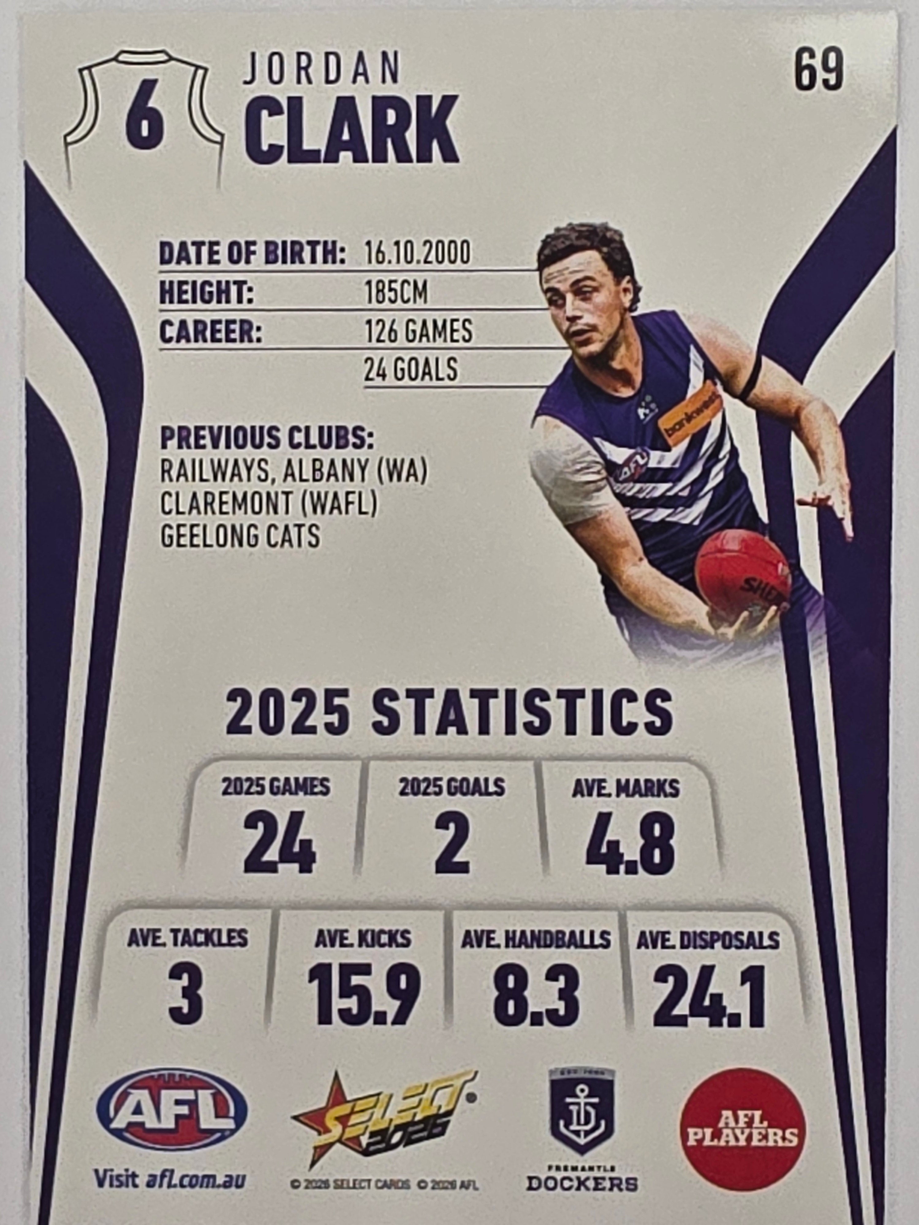 2026 AFL Footy Stars Base Card #069 Jordan Clark - Fremantle Dockers