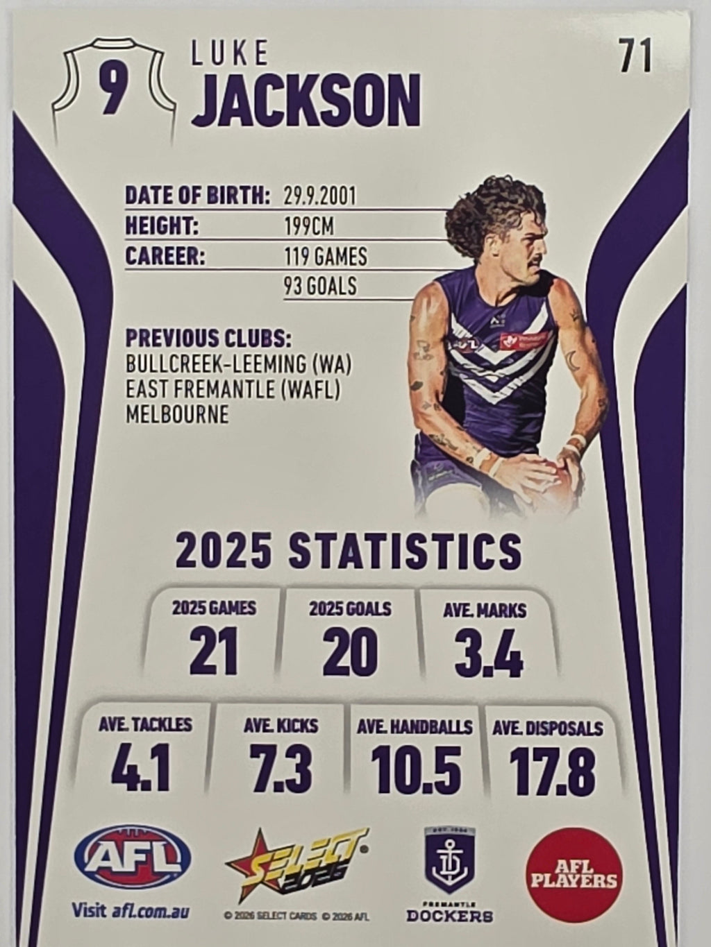 2026 AFL Footy Stars Base Card #071 Luke Jackson - Fremantle Dockers