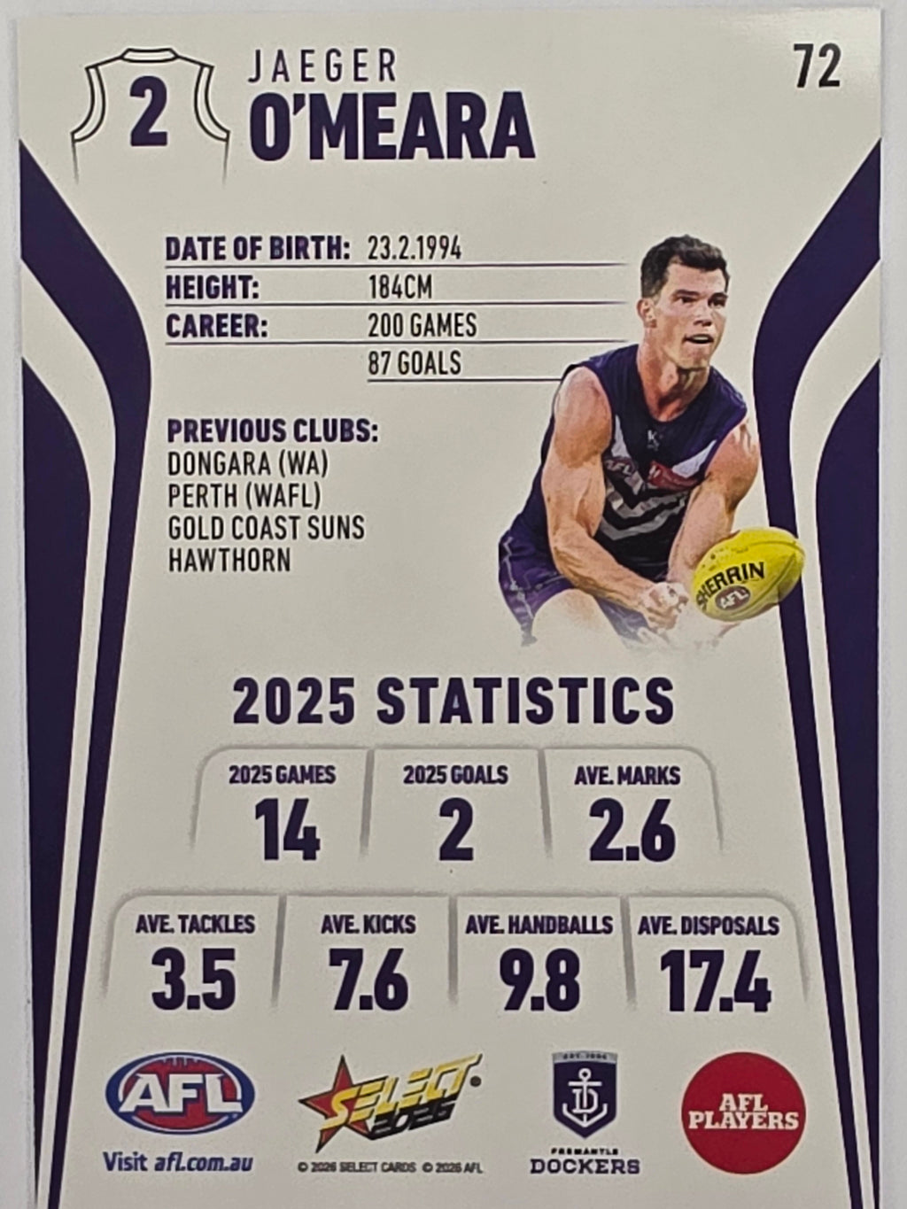2026 AFL Footy Stars Base Card #072 Jaeger O’Meara - Fremantle Dockers