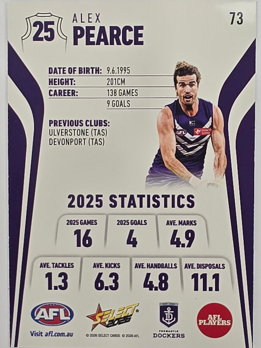 2026 AFL Footy Stars Base Card #073 Alex Pearce - Fremantle Dockers