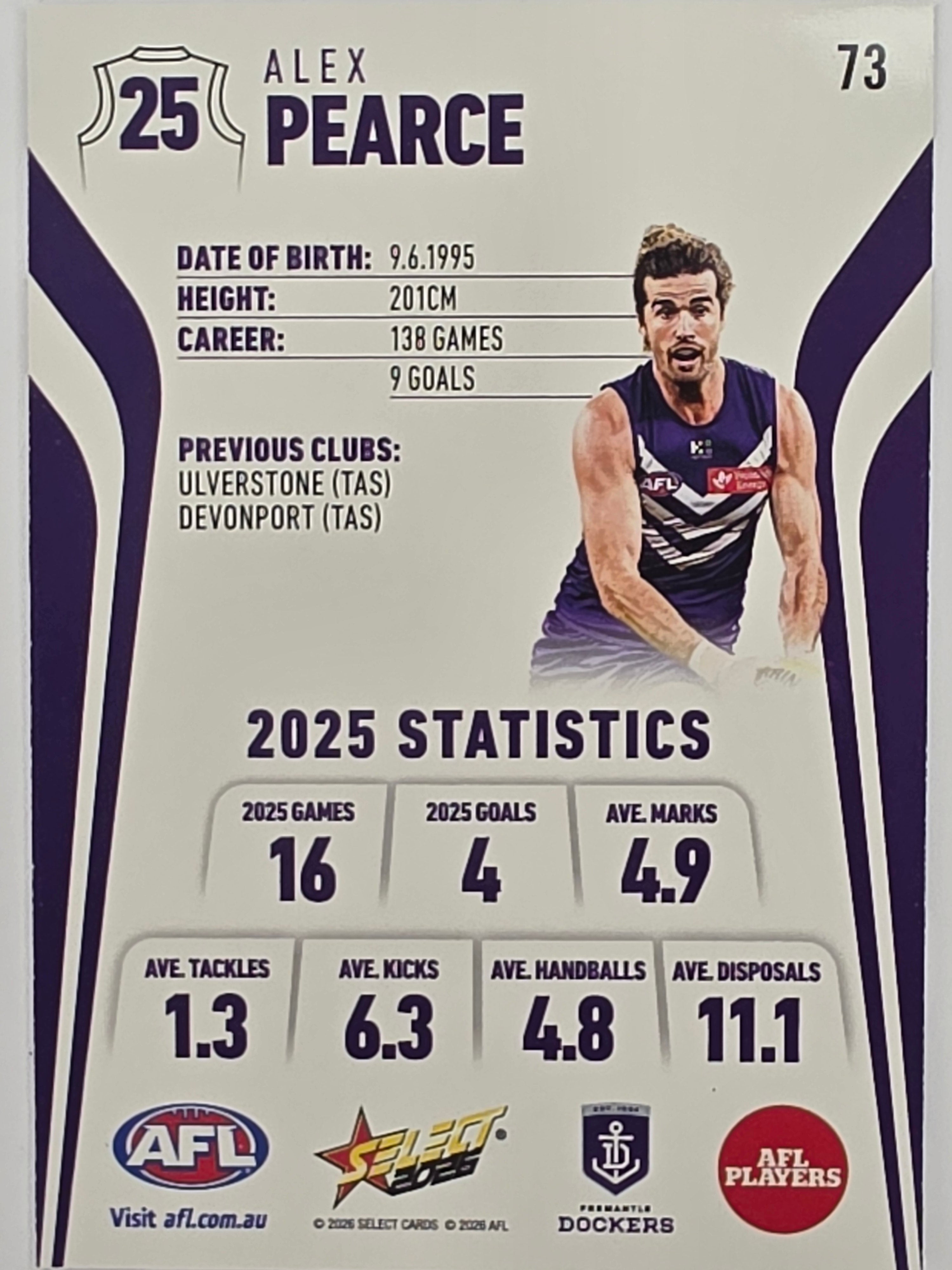 2026 AFL Footy Stars Base Card #073 Alex Pearce - Fremantle Dockers