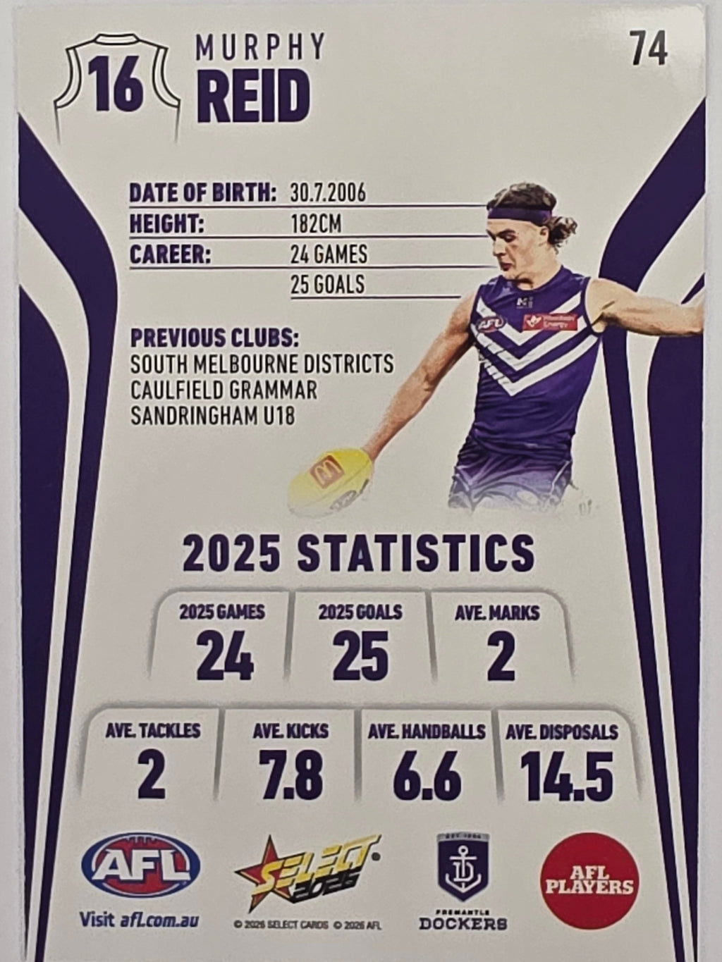 2026 AFL Footy Stars Base Card #074 Murphy Reid - Fremantle Dockers
