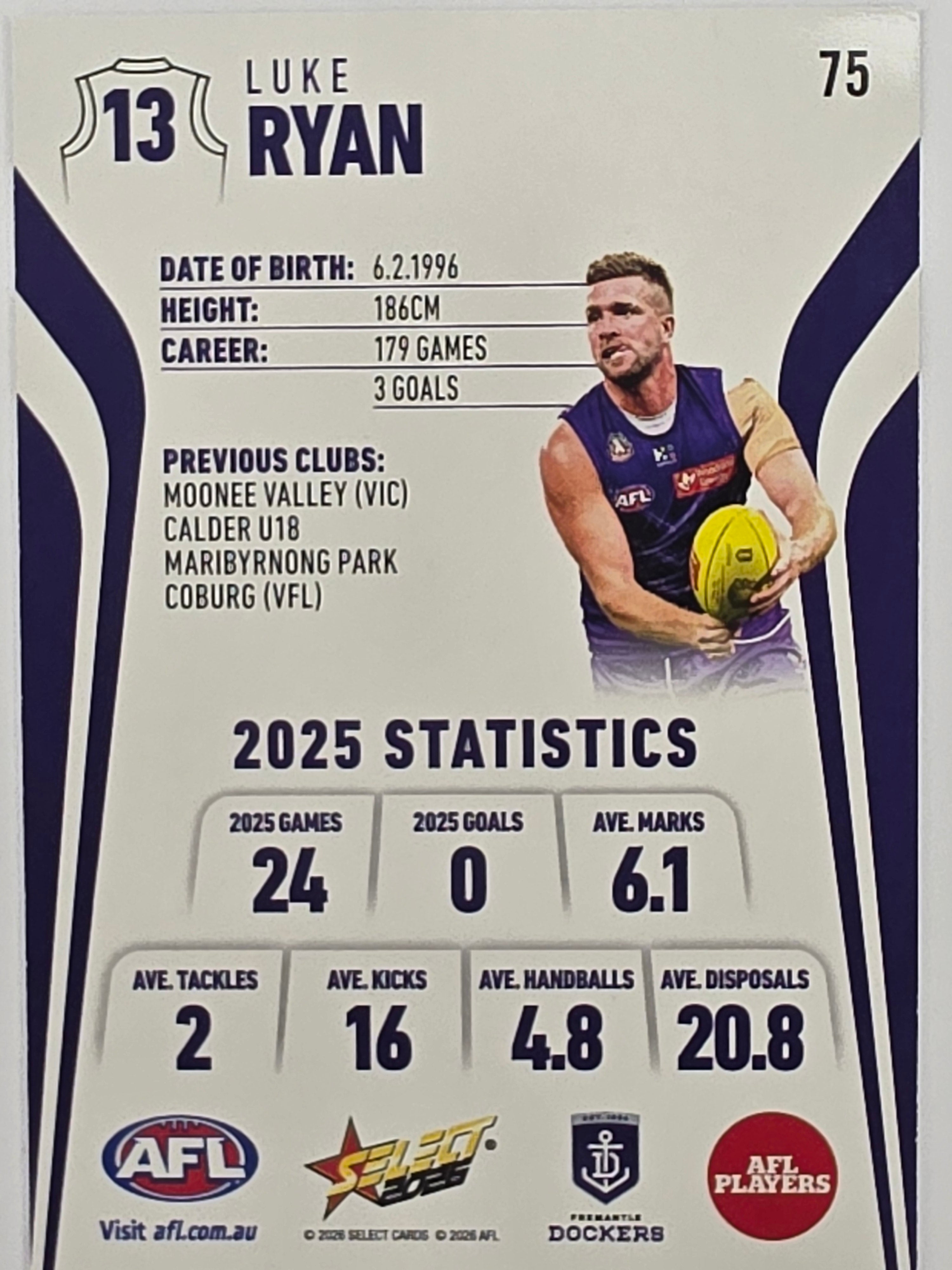 2026 AFL Footy Stars Base Card #075 Luke Ryan - Fremantle Dockers