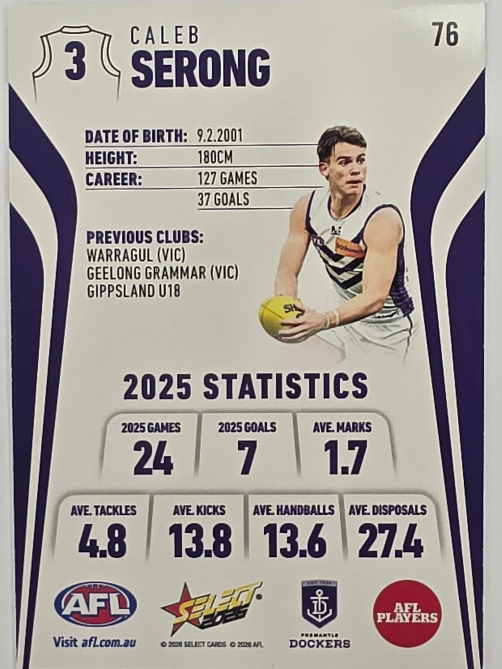 2026 AFL Footy Stars Base Card #076 Caleb Serong - Fremantle Dockers