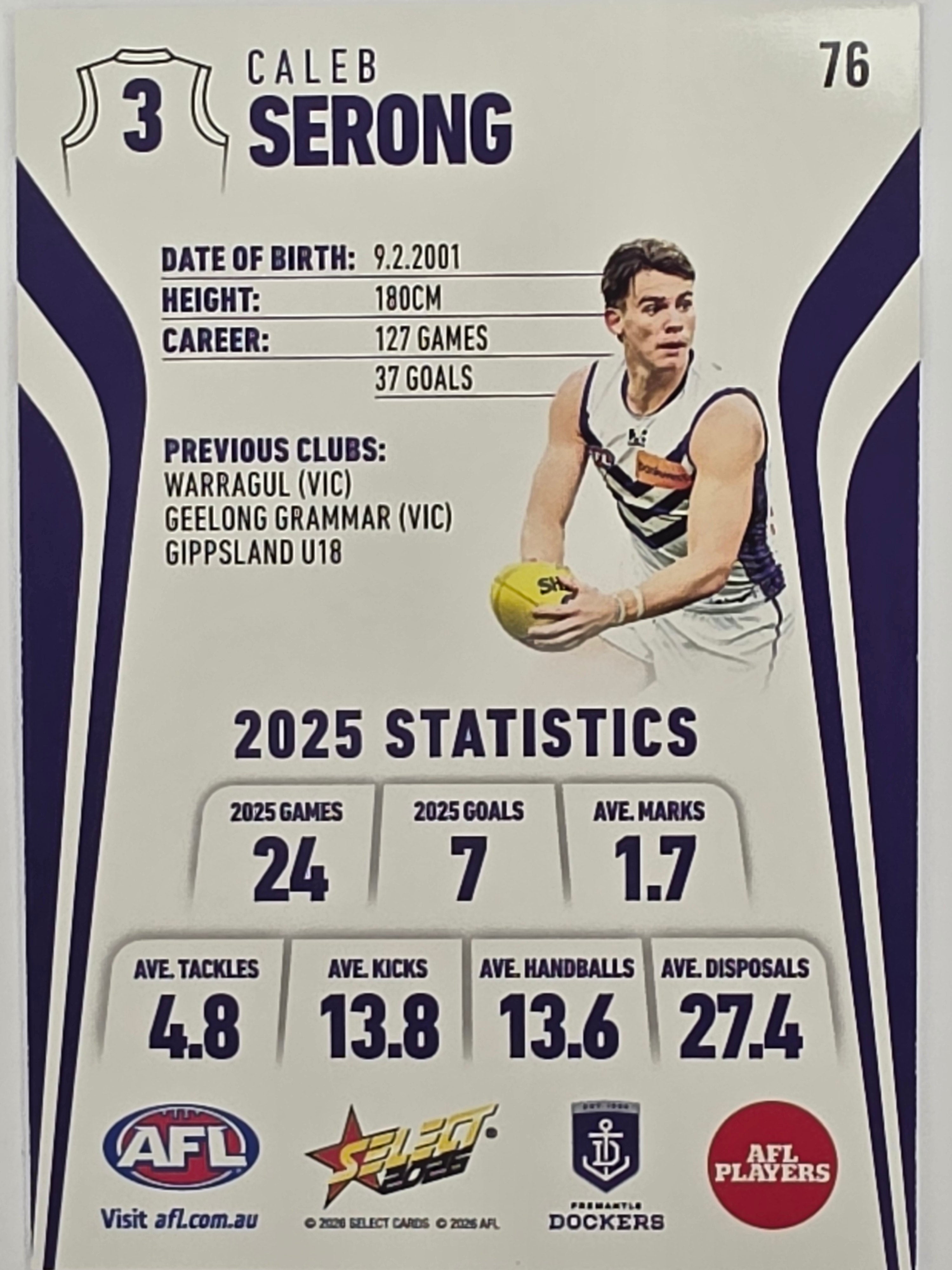 2026 AFL Footy Stars Base Card #076 Caleb Serong - Fremantle Dockers