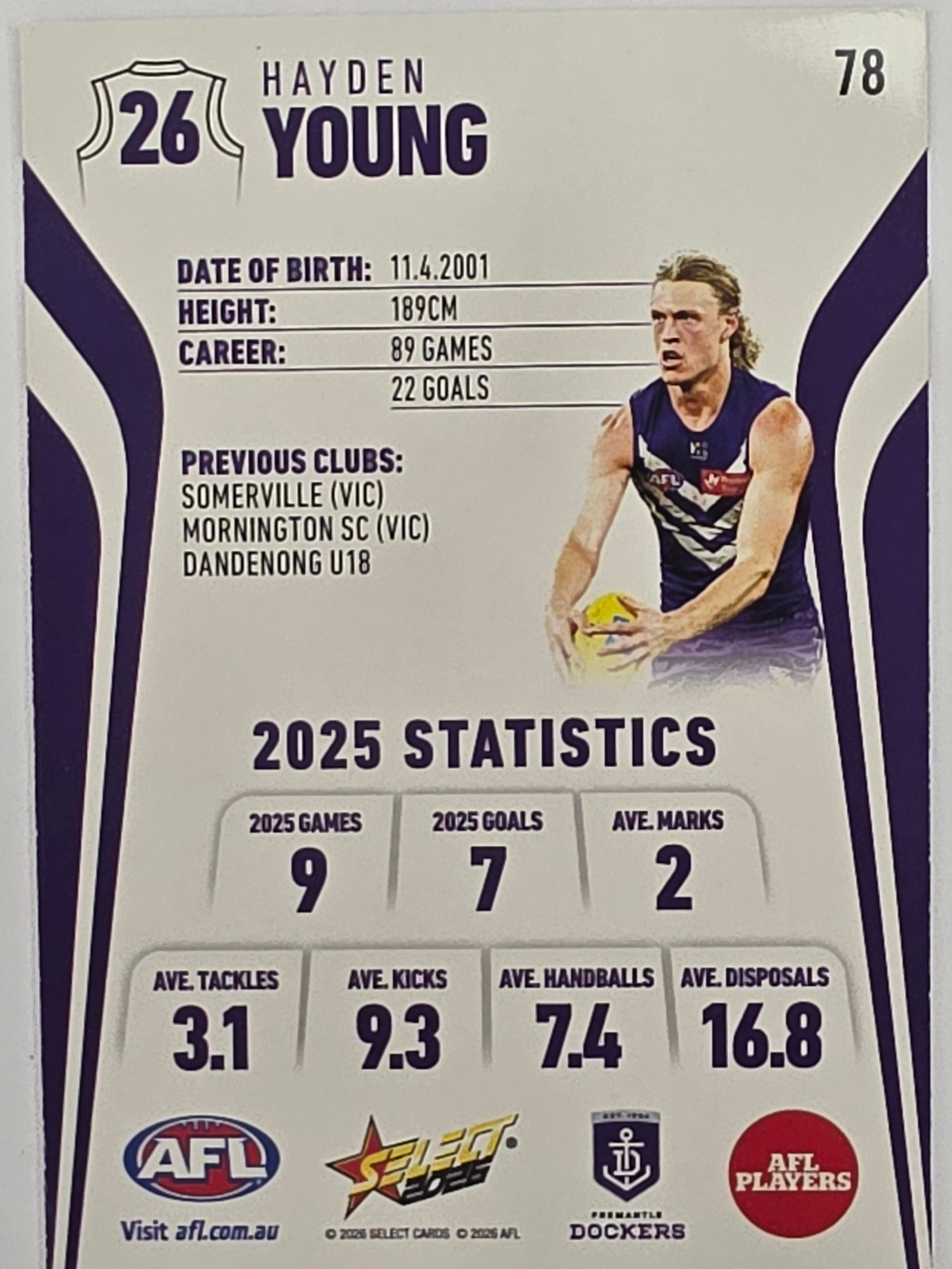 2026 AFL Footy Stars Base Card #078 Hayden Young - Fremantle Dockers