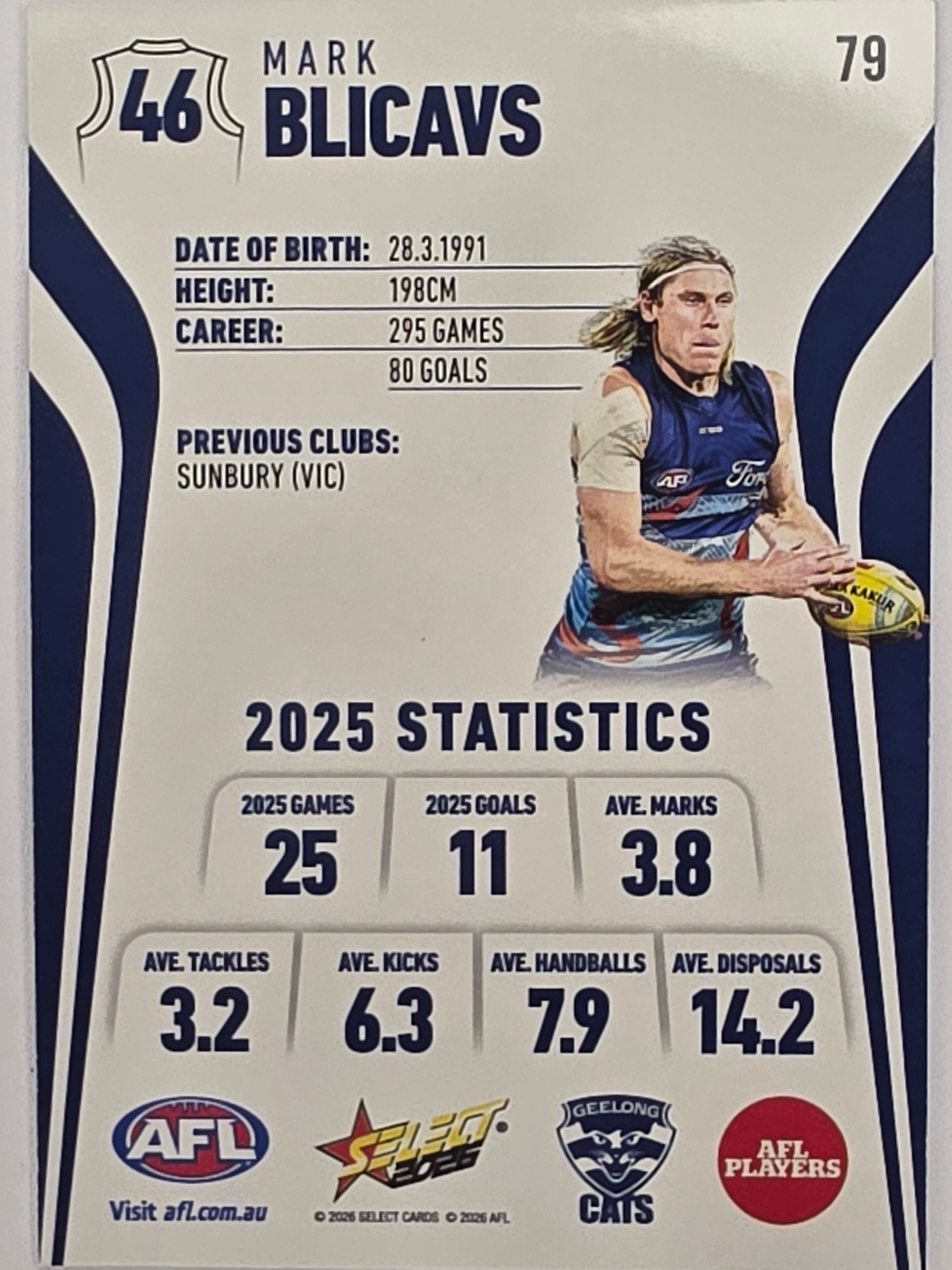 2026 AFL Footy Stars Base Card #079 Mark Blicavs - Geelong Cats