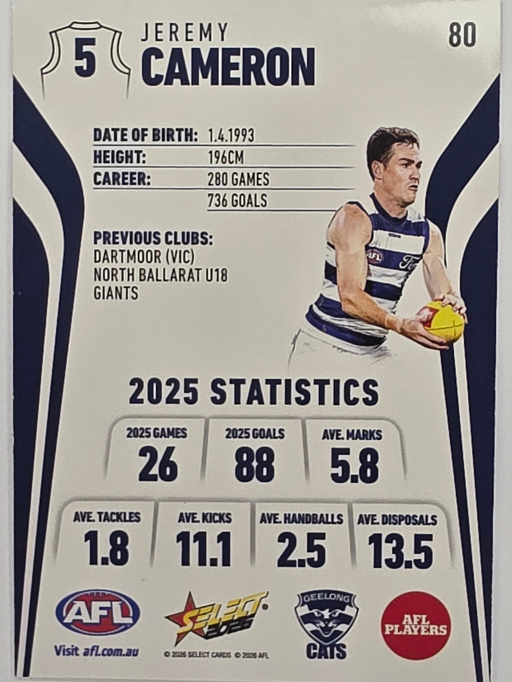 2026 AFL Footy Stars Base Card #080 Jeremy Cameron - Geelong Cats