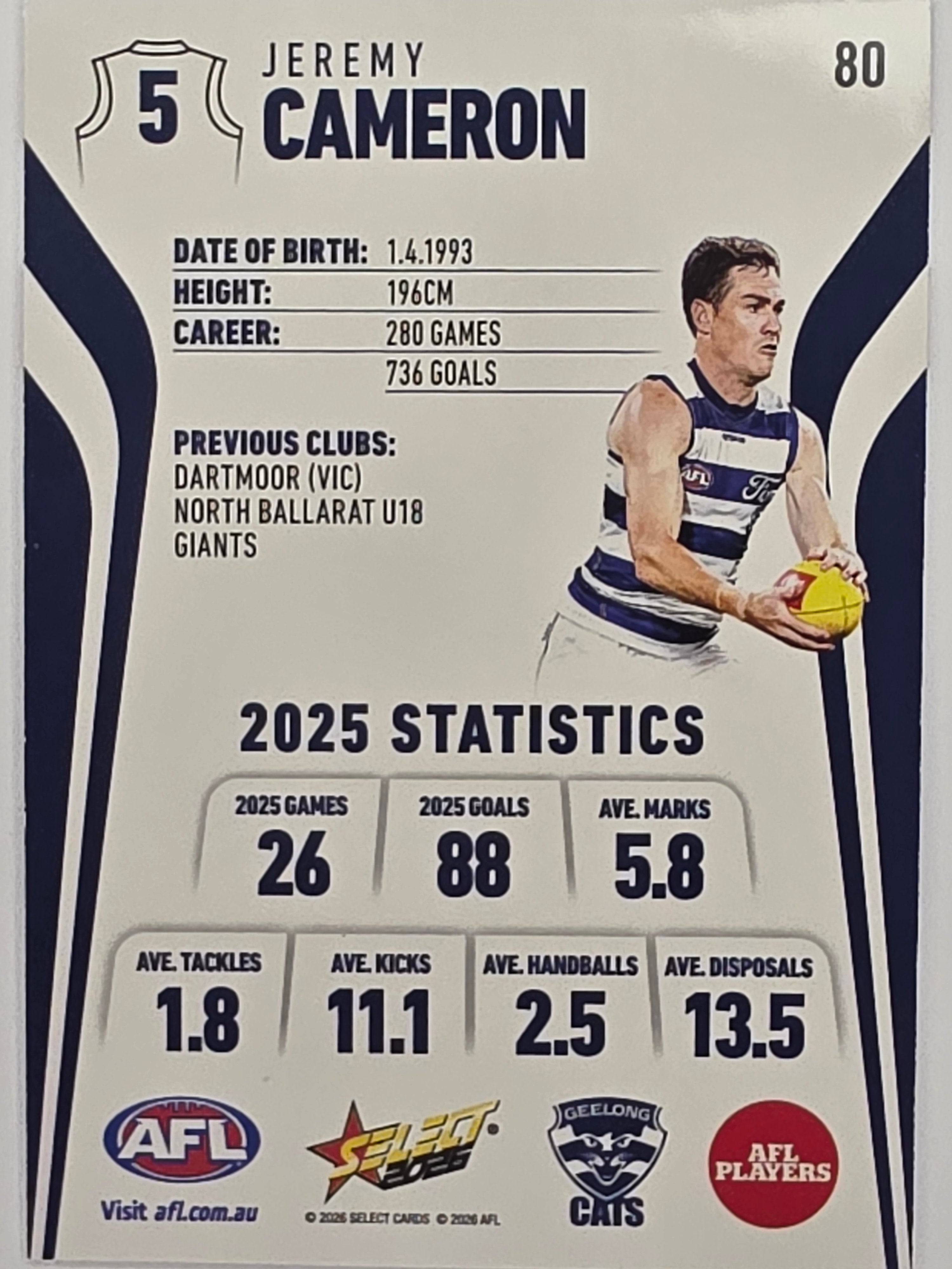 2026 AFL Footy Stars Base Card #080 Jeremy Cameron - Geelong Cats