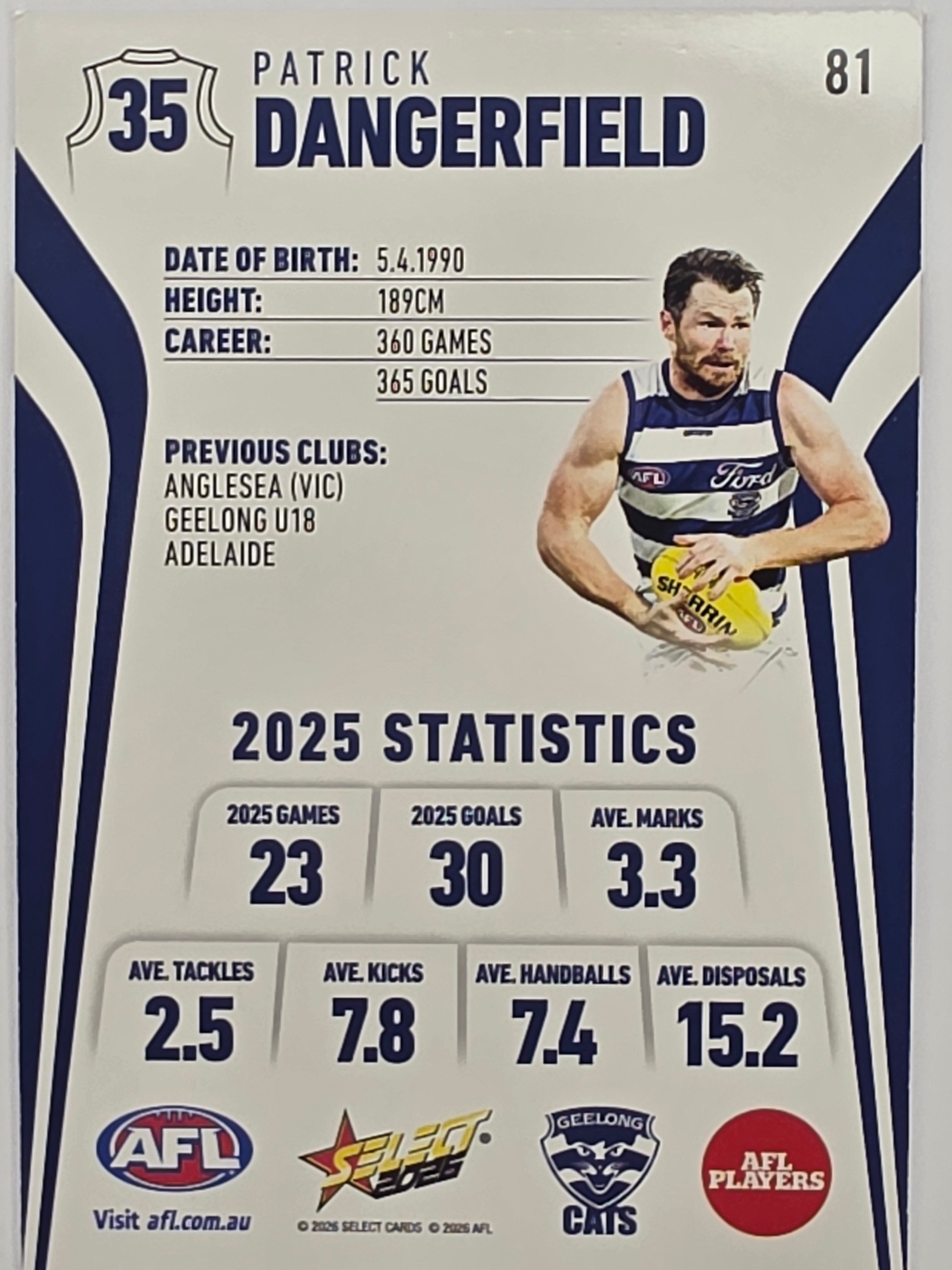 2026 AFL Footy Stars Base Card #081 Patrick Dangerfield - Geelong Cats