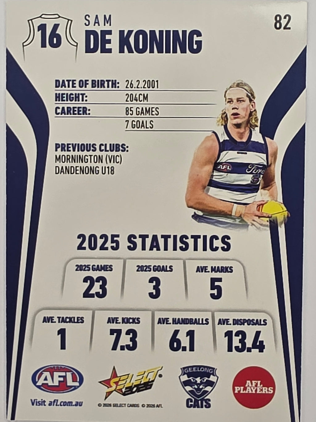 2026 AFL Footy Stars Base Card #082 Sam De Koning - Geelong Cats