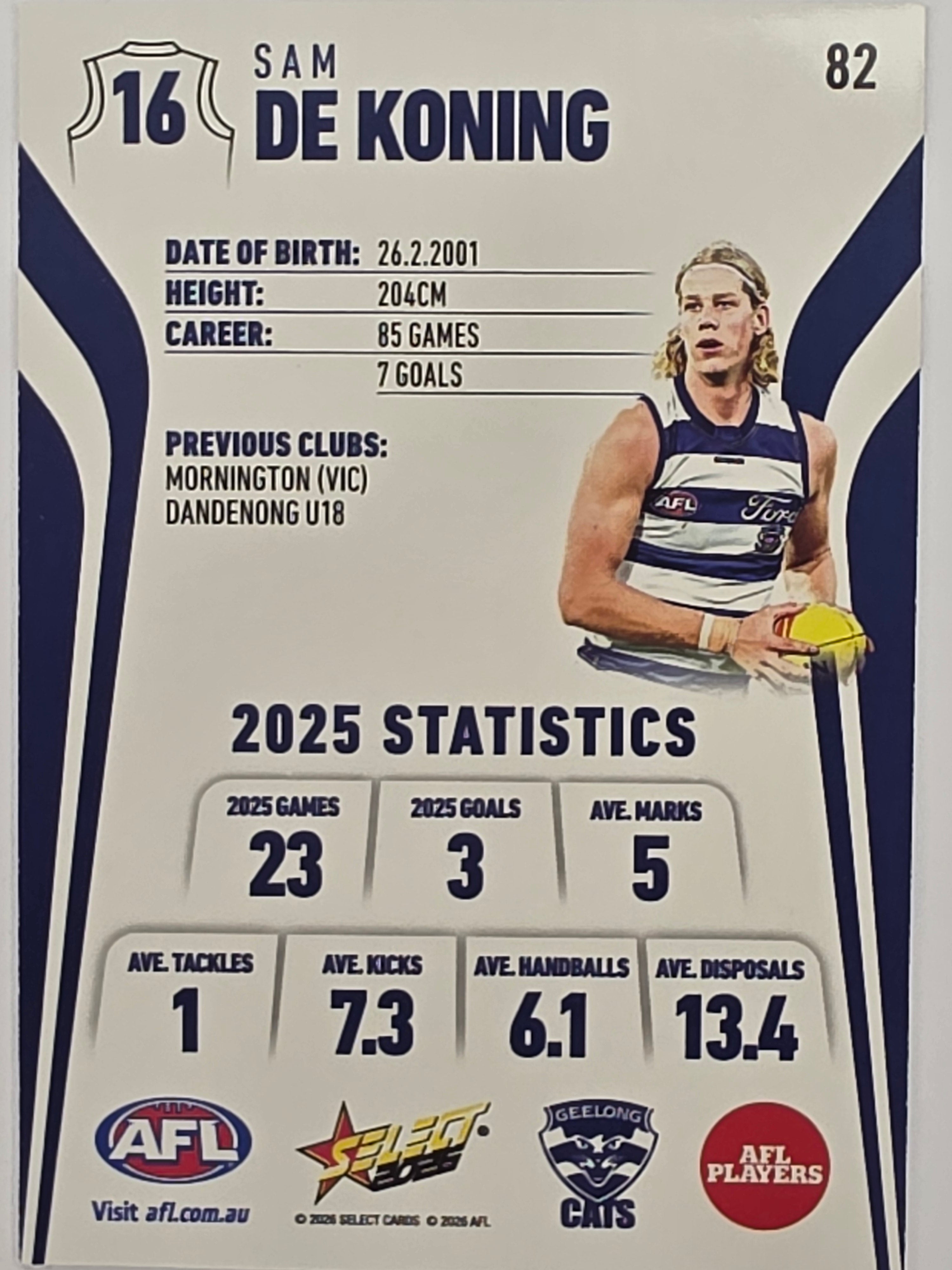 2026 AFL Footy Stars Base Card #082 Sam De Koning - Geelong Cats