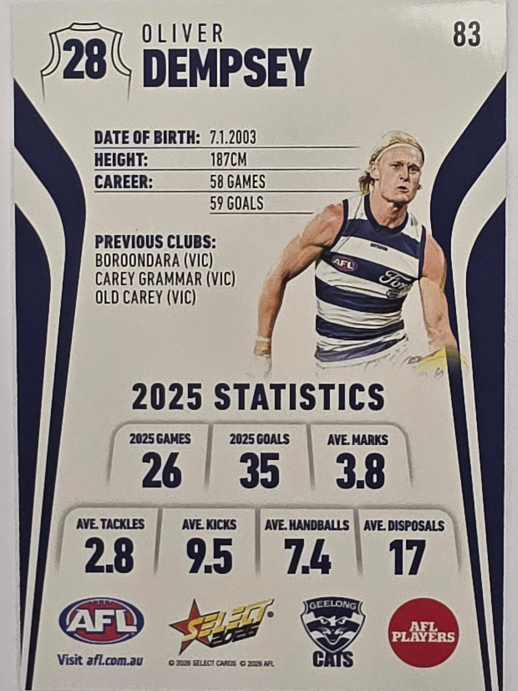 2026 AFL Footy Stars Base Card #083 Oliver Dempsey - Geelong Cats