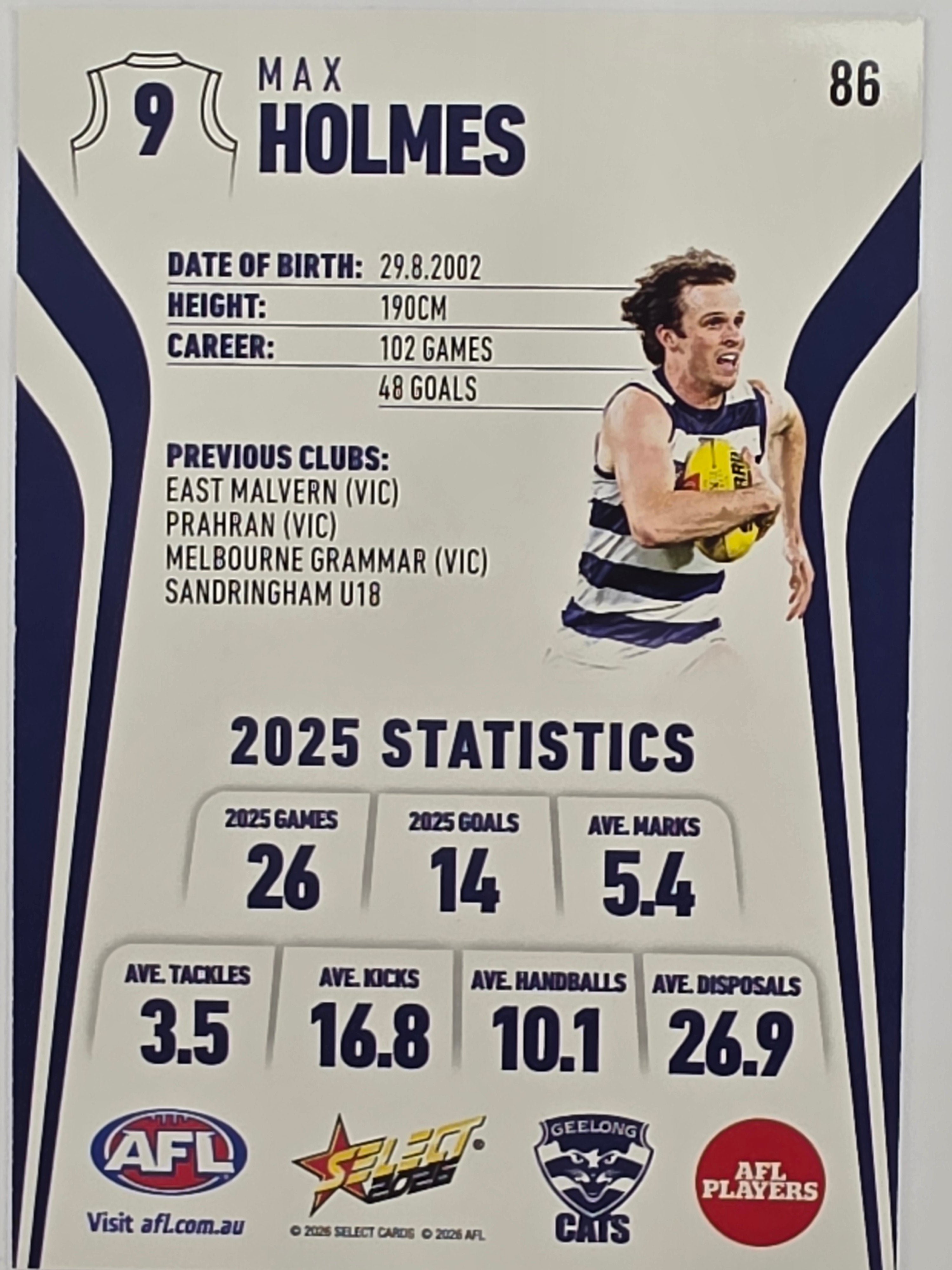 2026 AFL Footy Stars Base Card #086 Max Holmes - Geelong Cats