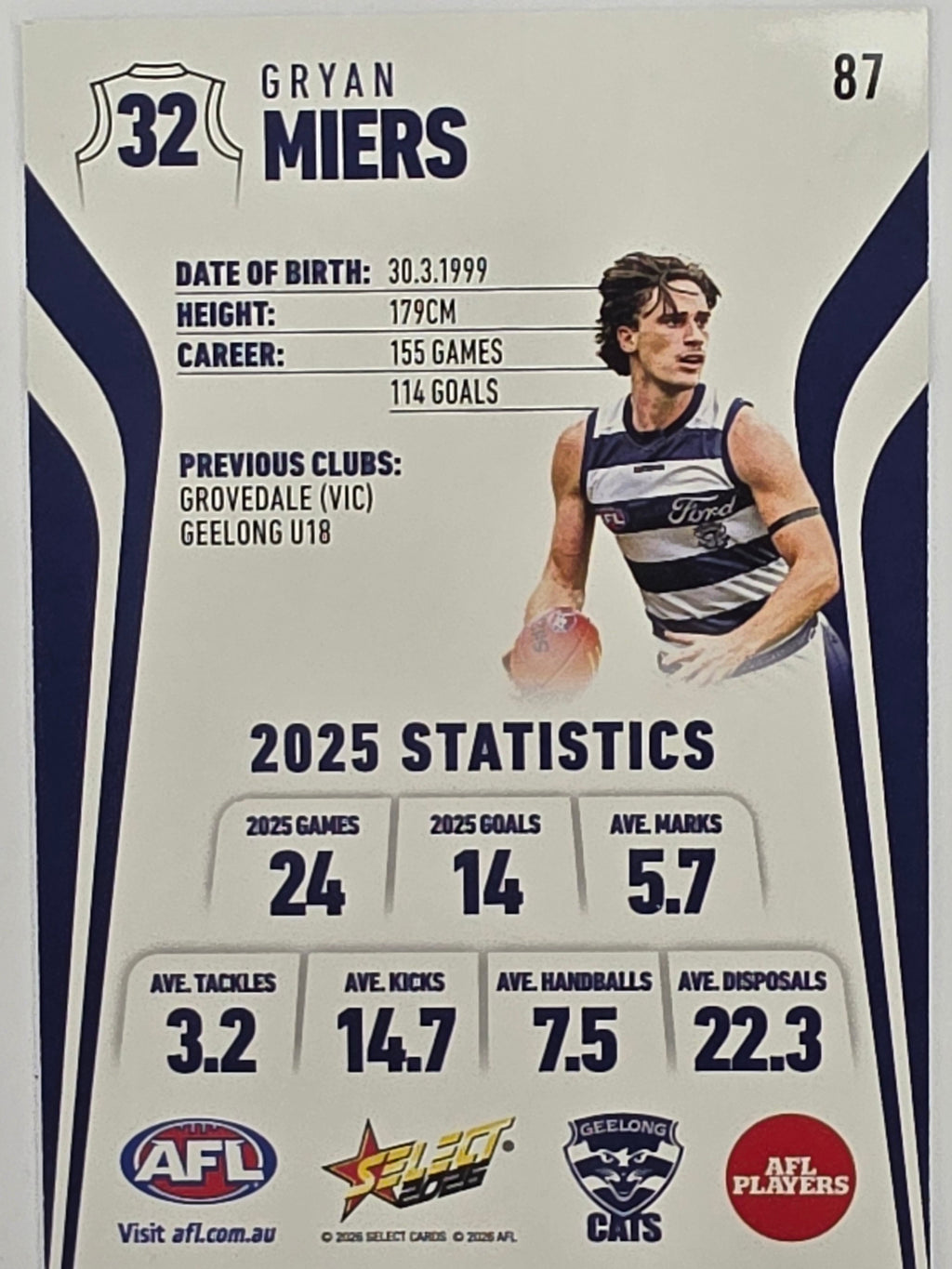 2026 AFL Footy Stars Base Card #087 Gryan Miers - Geelong Cats