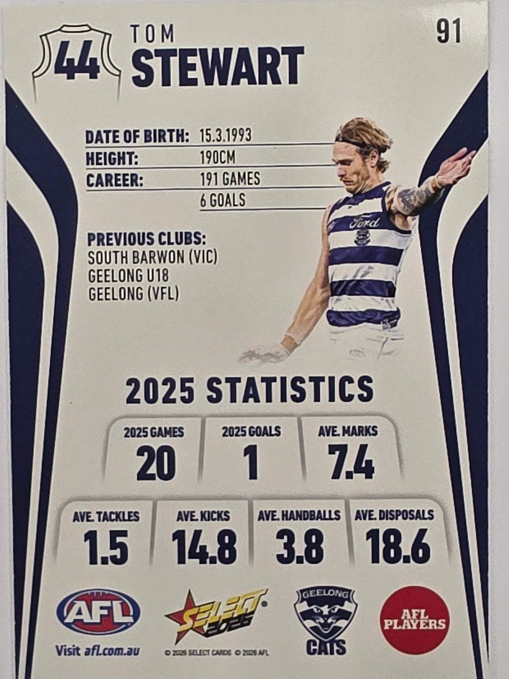 2026 AFL Footy Stars Base Card #091 Tom Stewart - Geelong Cats