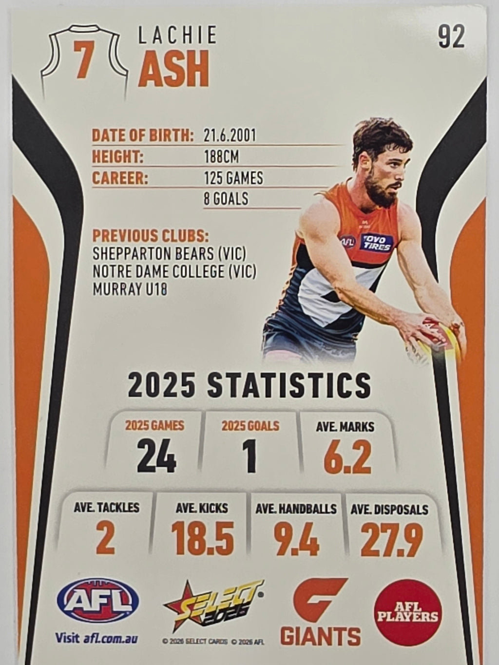 2026 AFL Footy Stars Base Card #092 Lachie Ash - GWS Giants