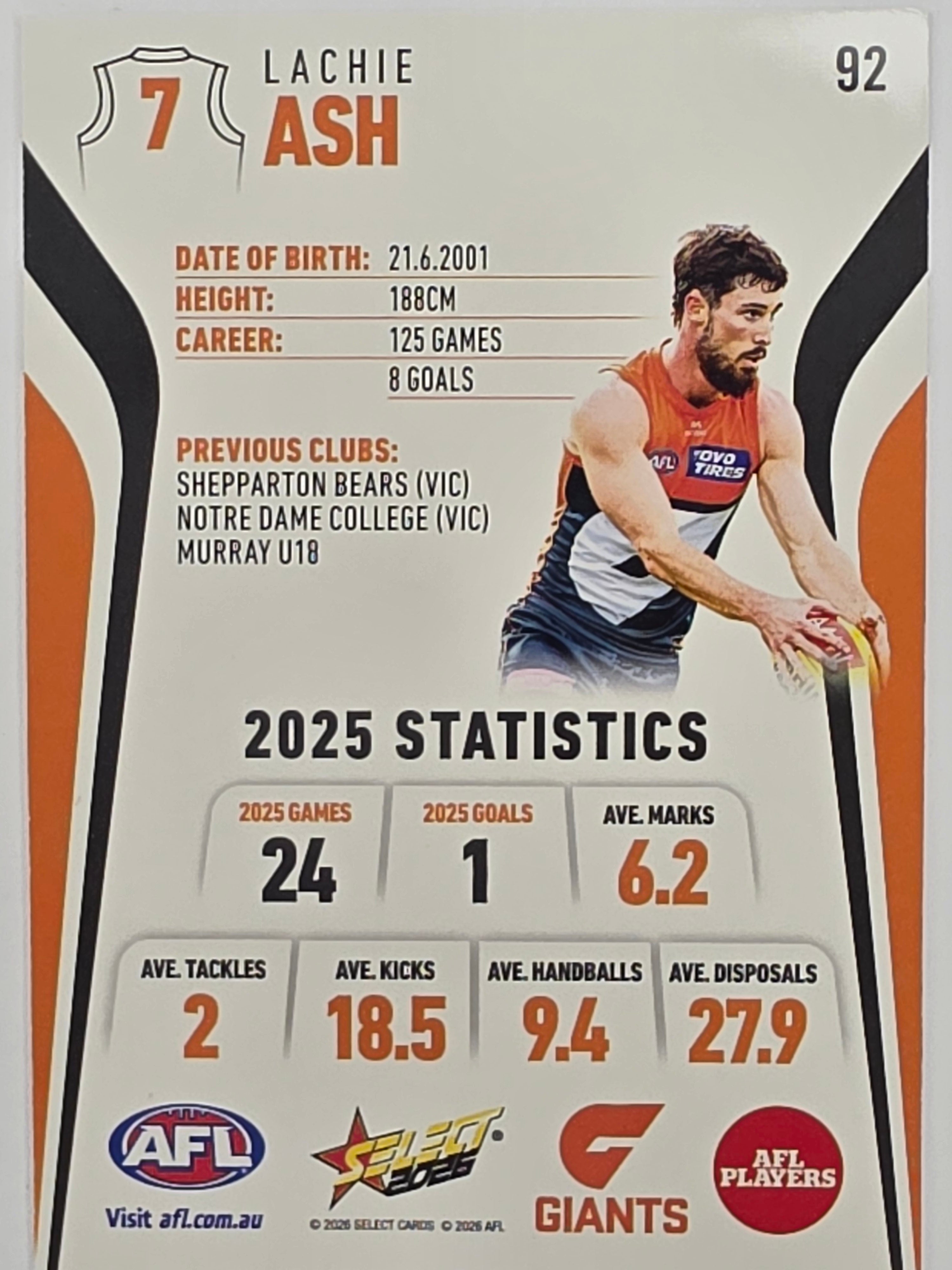 2026 AFL Footy Stars Base Card #092 Lachie Ash - GWS Giants