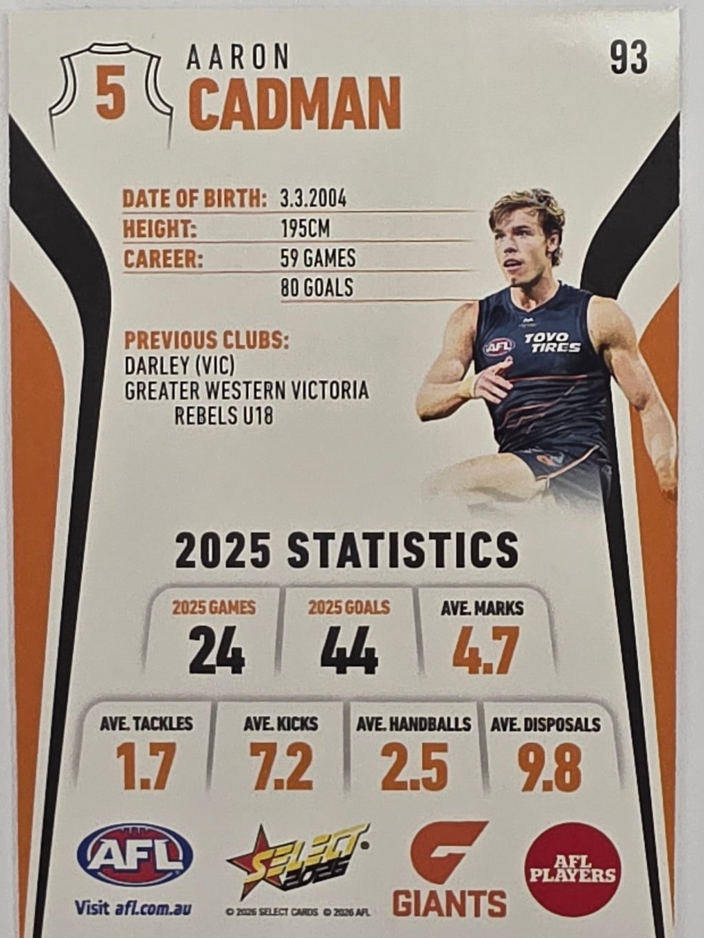 2026 AFL Footy Stars Base Card #093 Aaron Cadman - GWS Giants