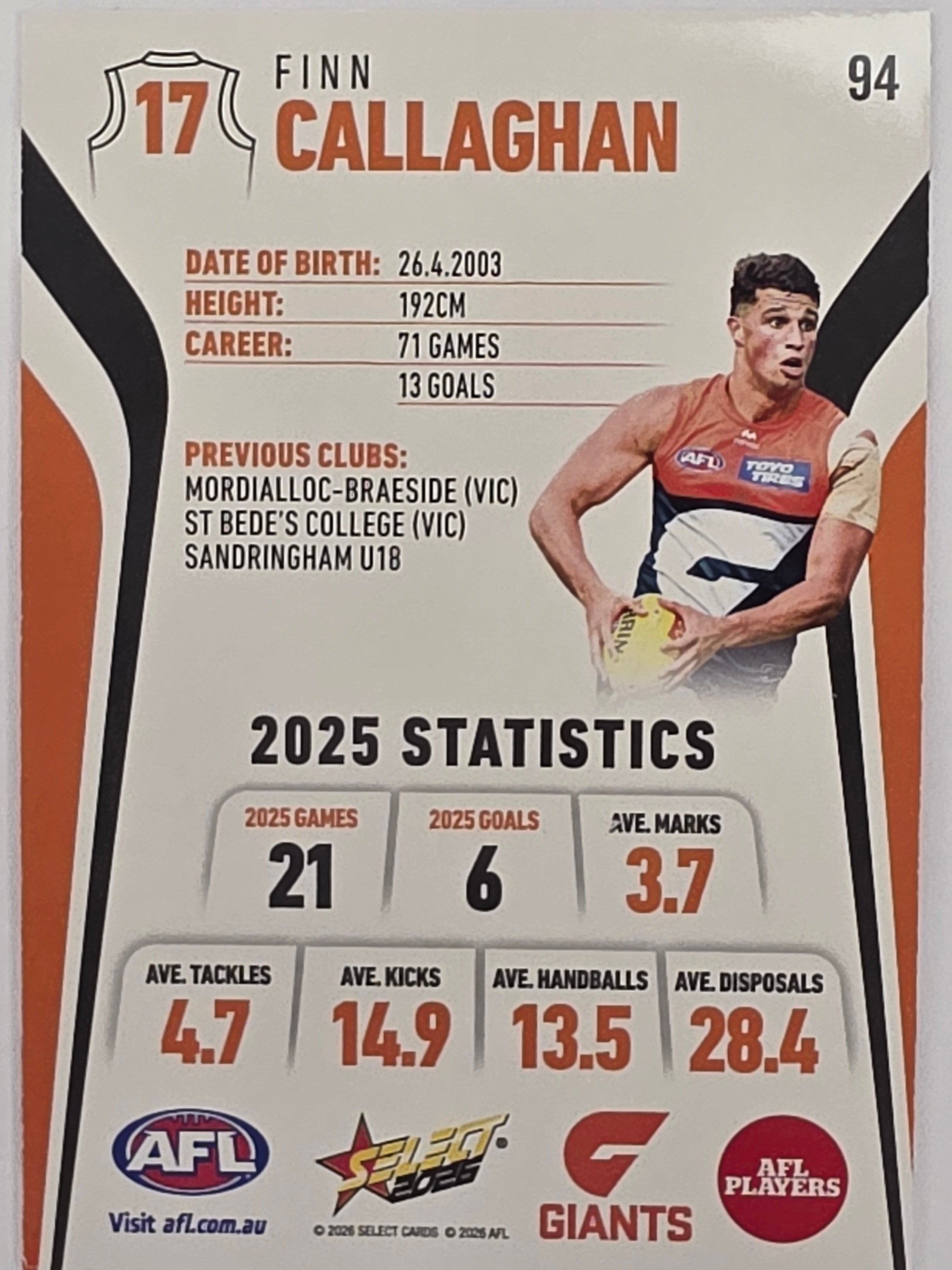 2026 AFL Footy Stars Base Card #094 Finn Callaghan - GWS Giants