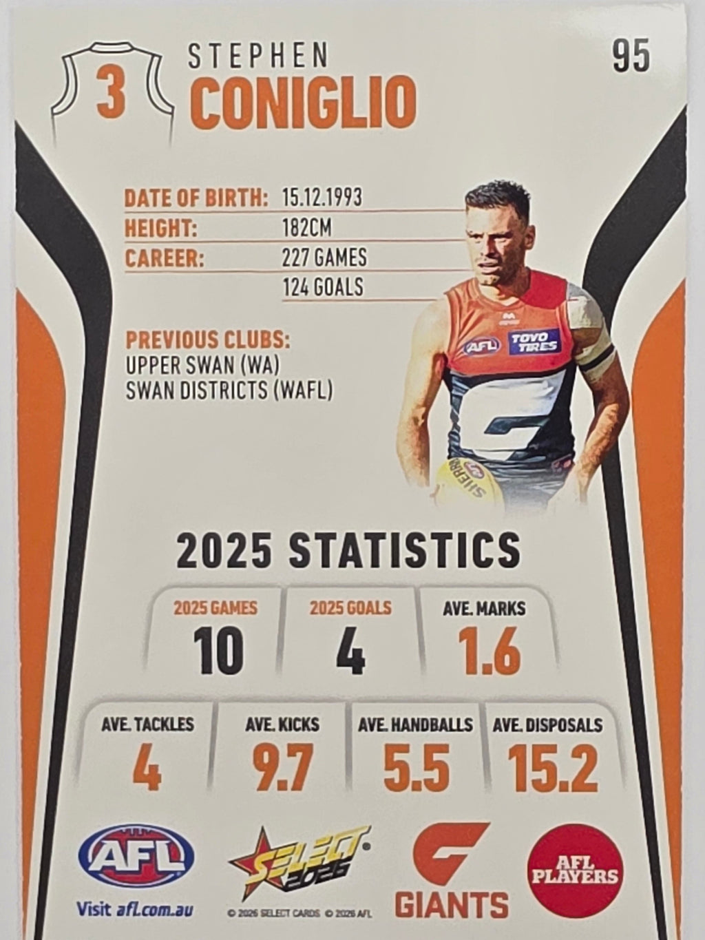 2026 AFL Footy Stars Base Card #095 Stephen Coniglio - GWS Giants