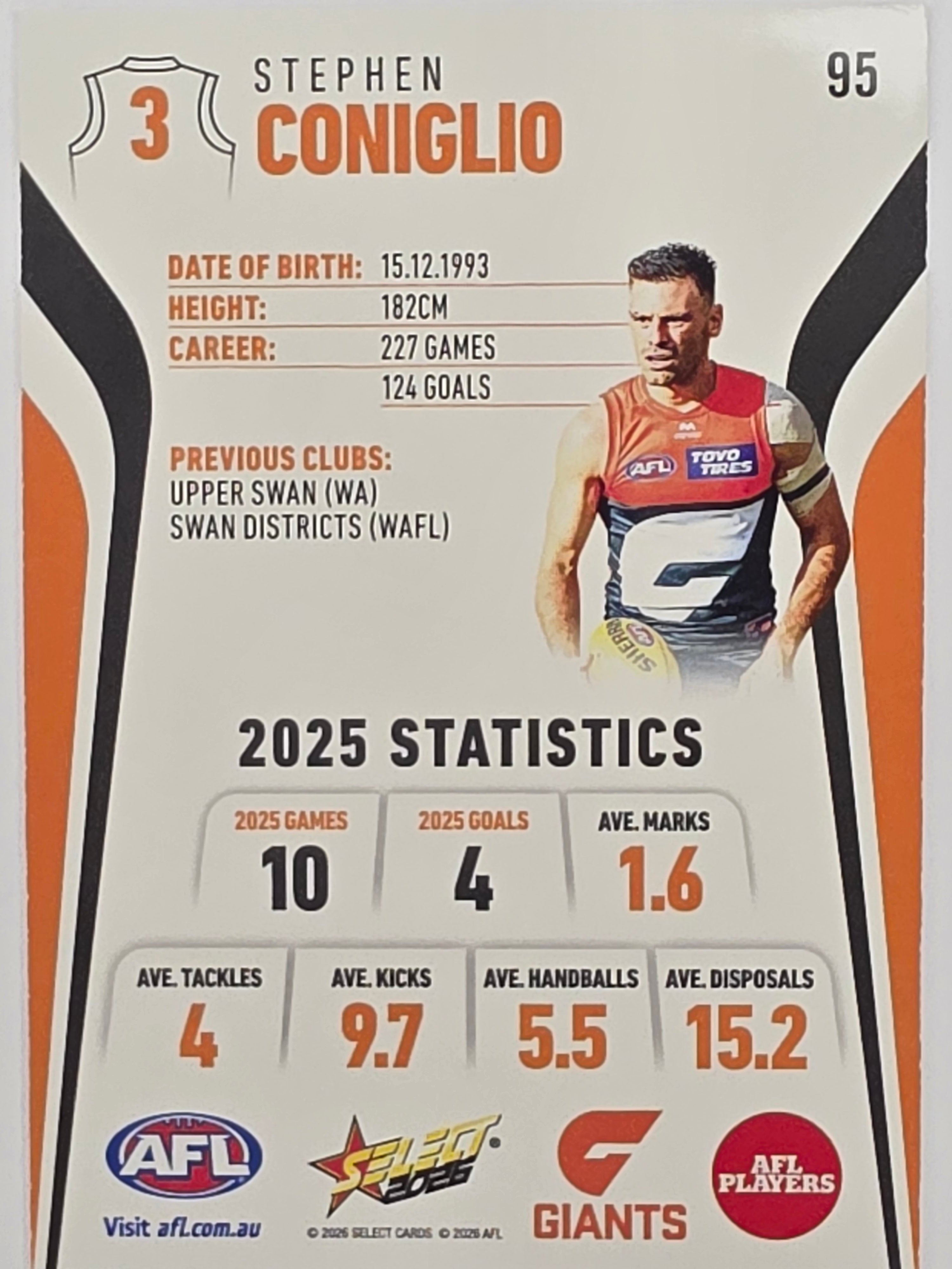 2026 AFL Footy Stars Base Card #095 Stephen Coniglio - GWS Giants