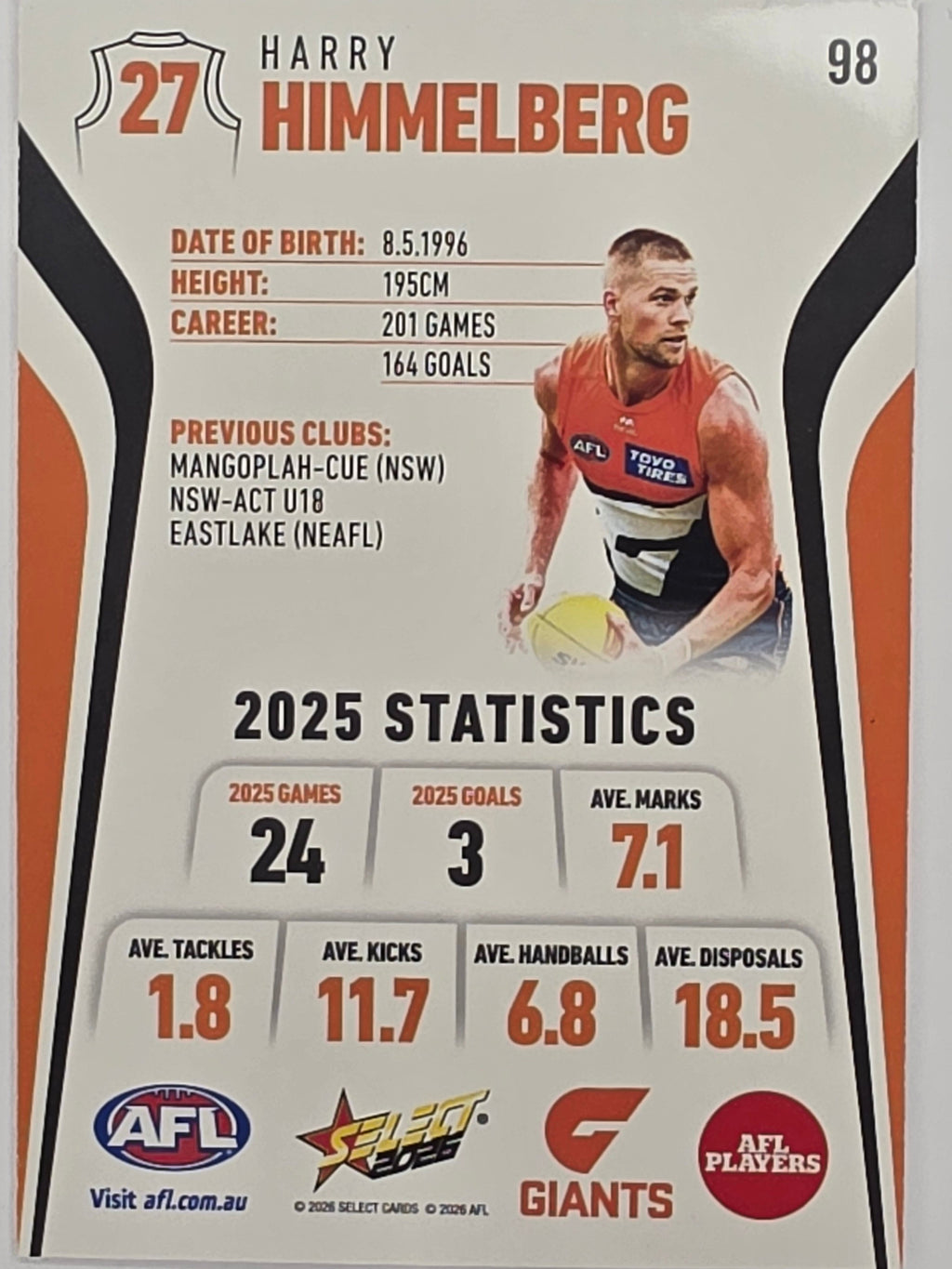 2026 AFL Footy Stars Base Card #098 Harry Himmelberg - GWS Giants