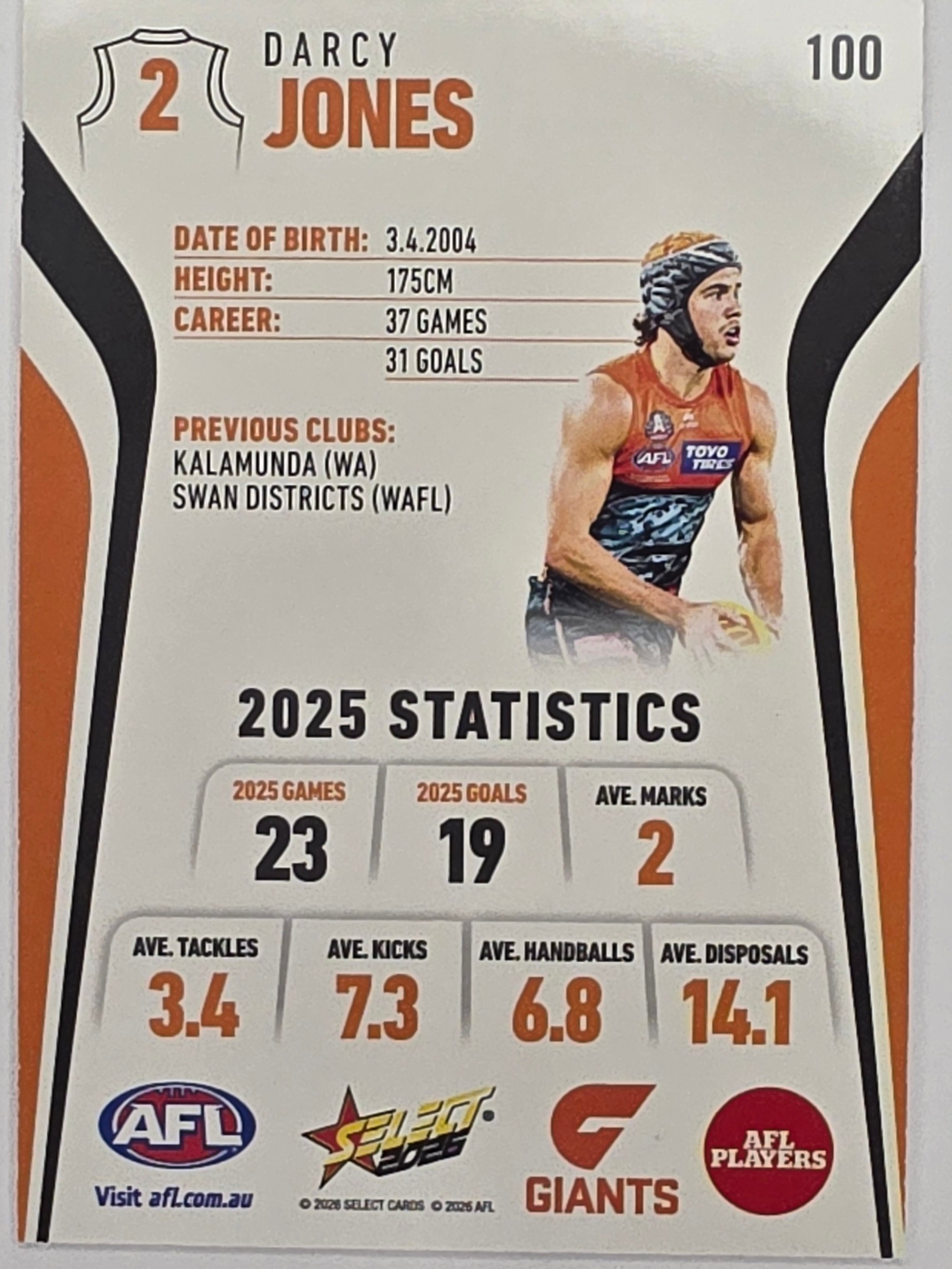 2026 AFL Footy Stars Base Card #100 Darcy Jones - GWS Giants