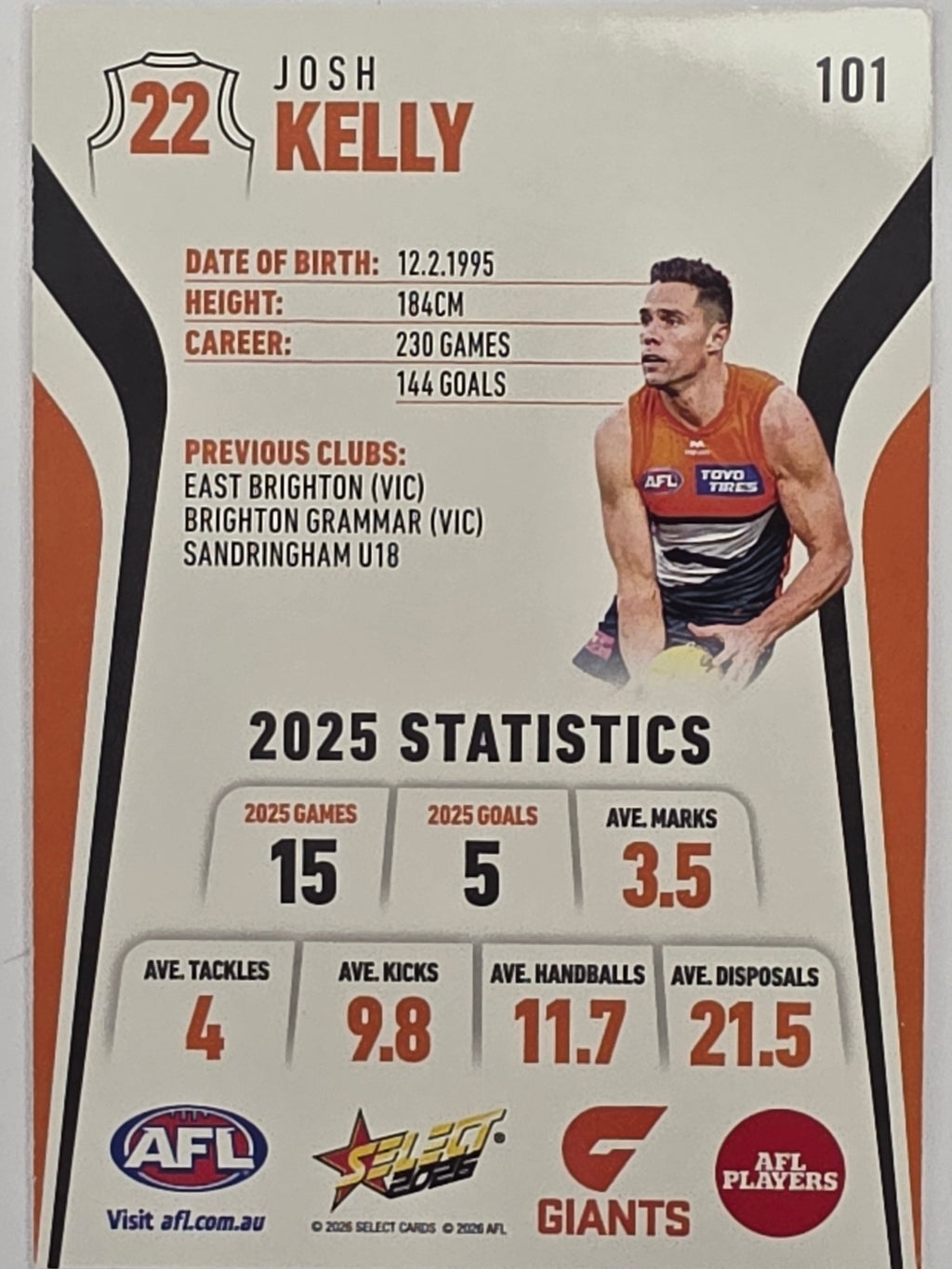 2026 AFL Footy Stars Base Card #101 Josh Kelly - GWS Giants