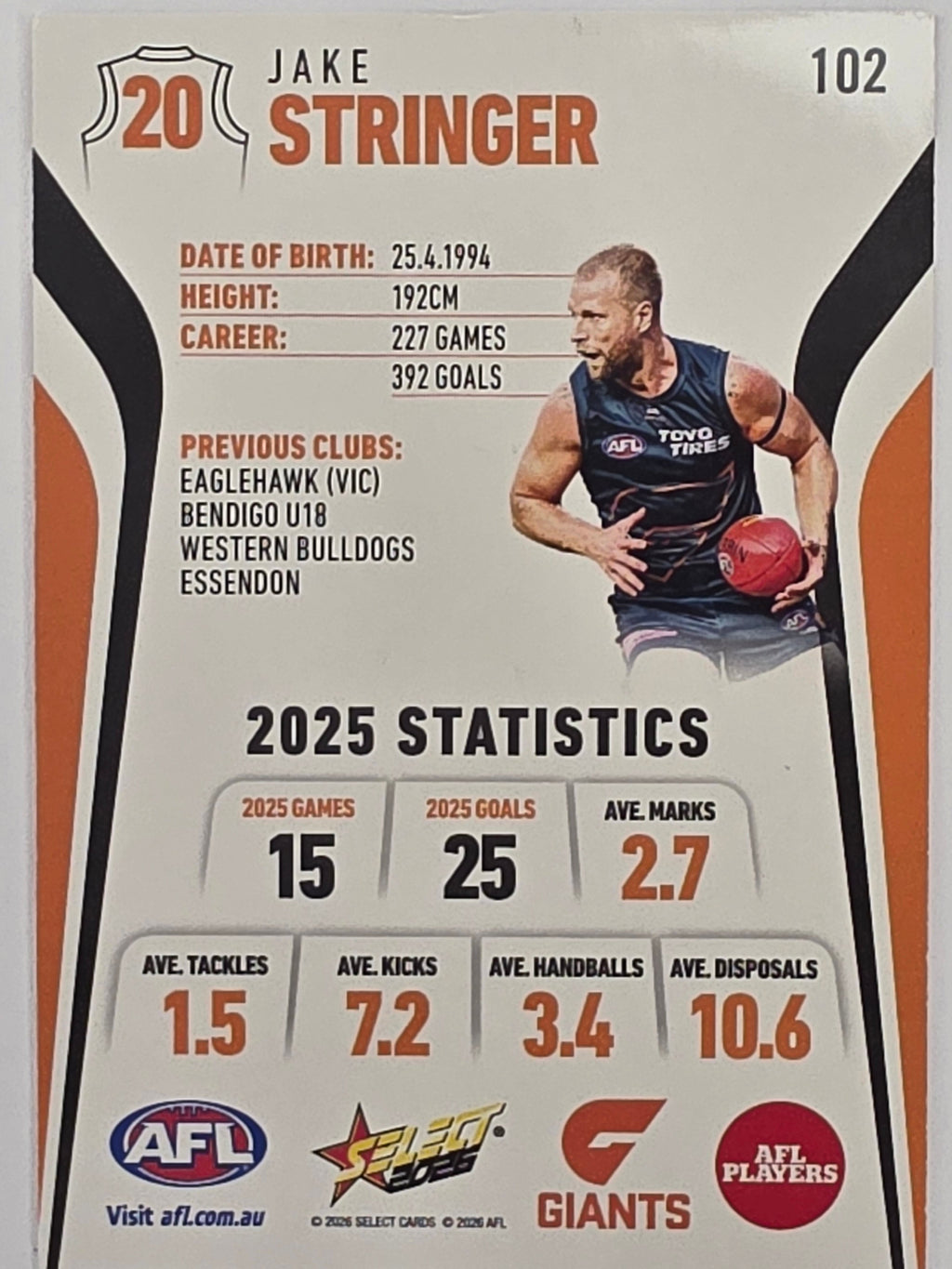 2026 AFL Footy Stars Base Card #102 Jake Stringer - GWS Giants